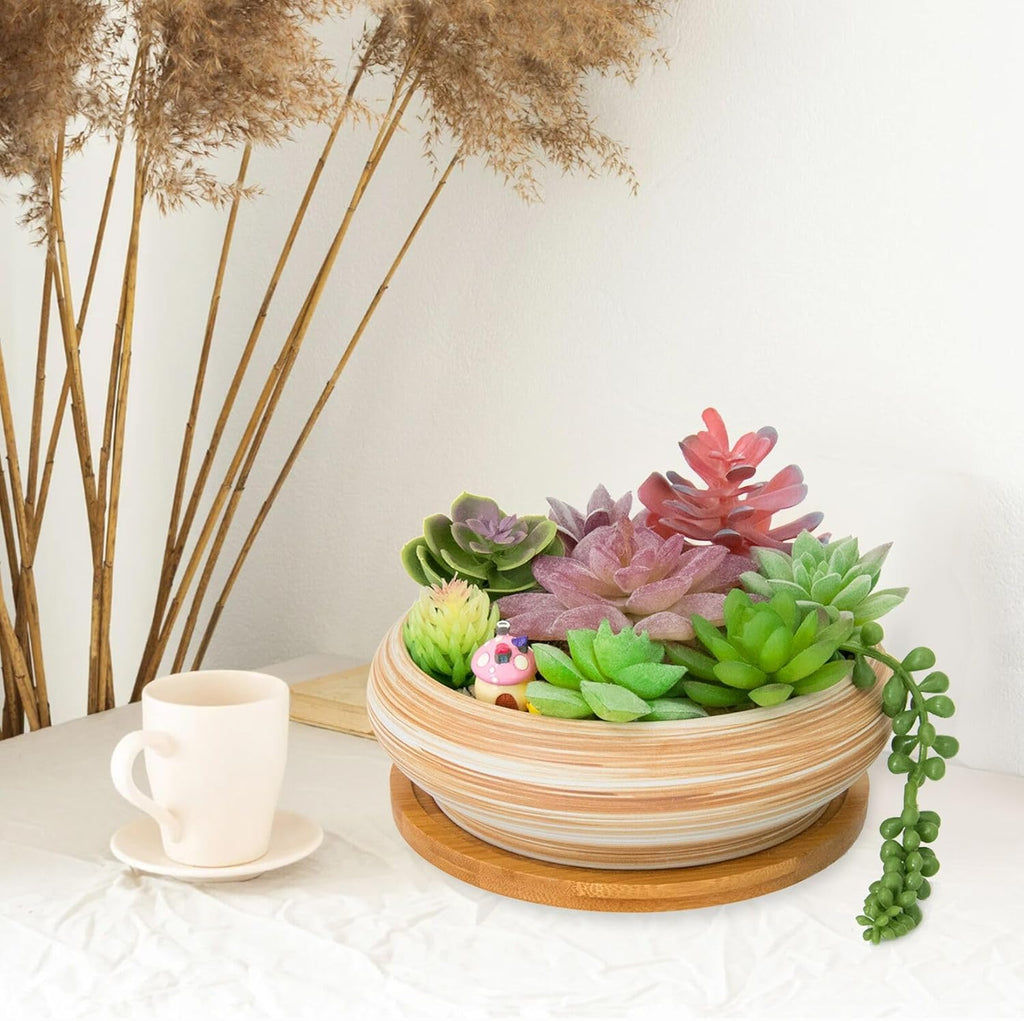 ARTKETTY Succulent Pots - 7.3/10 Inch Large Plant Pot Ceramic Bonsai Planter with Drainage Tray, Shallow Planters for Succulents Cactus Flower Small Plants Birthday Gifts for Women