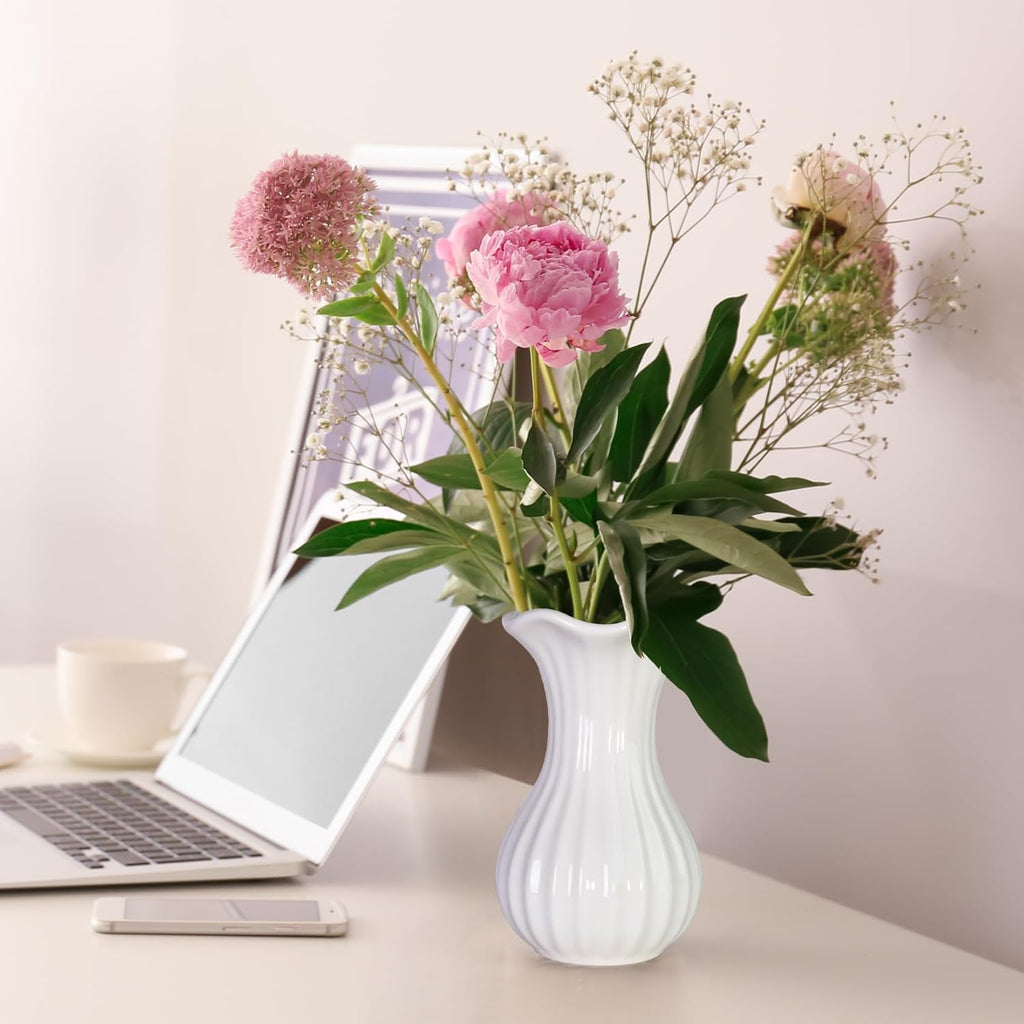 White Ceramic Vase, Small Vases for Home Decor, Elegant Flower Vase Centerpiece for Tables, Office Desk, Room Decor, Fit for Housewarming, Wedding, Birthday (Pure White)