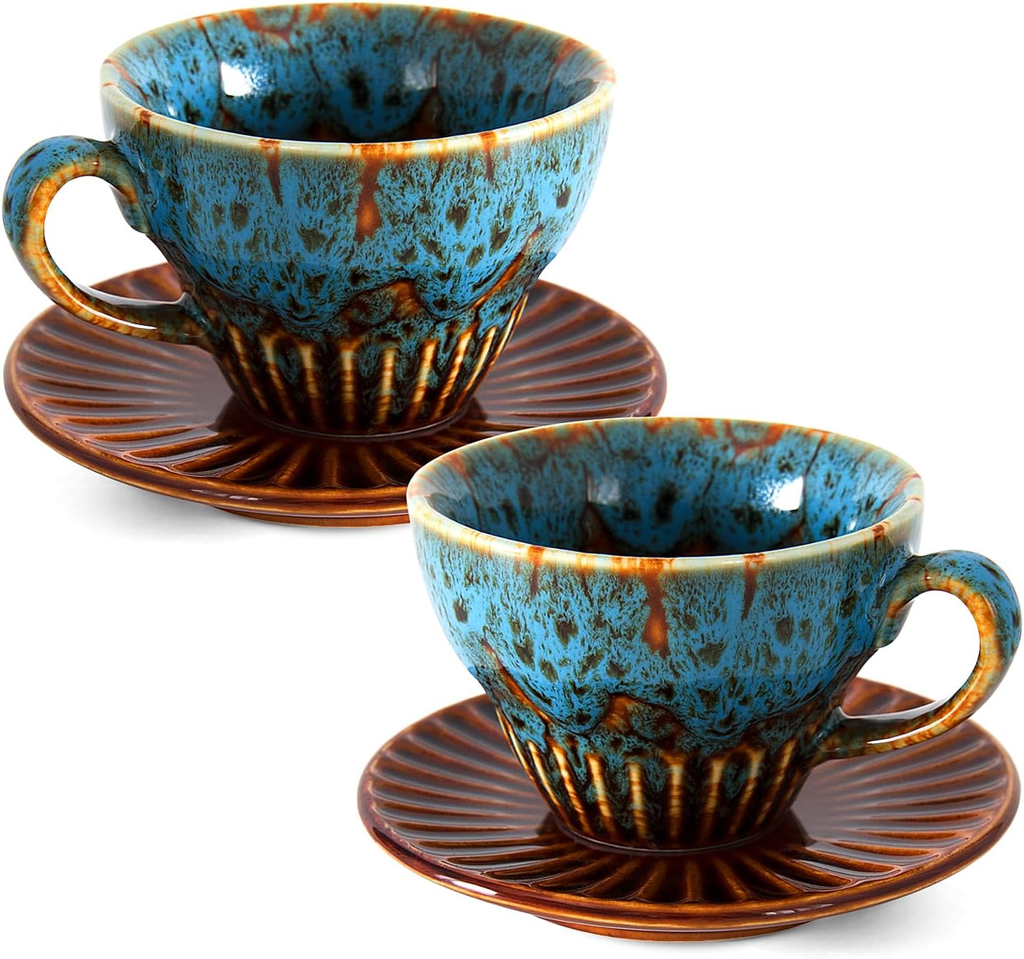 White Tea Cups and Saucers- 2oz Stackable Ceramic Espresso Cups & Cappuccino Cup Set of 2 for Coffee, Latte, and Tea, Durable Porcelain tea Set & Modern Latte Cup Collection