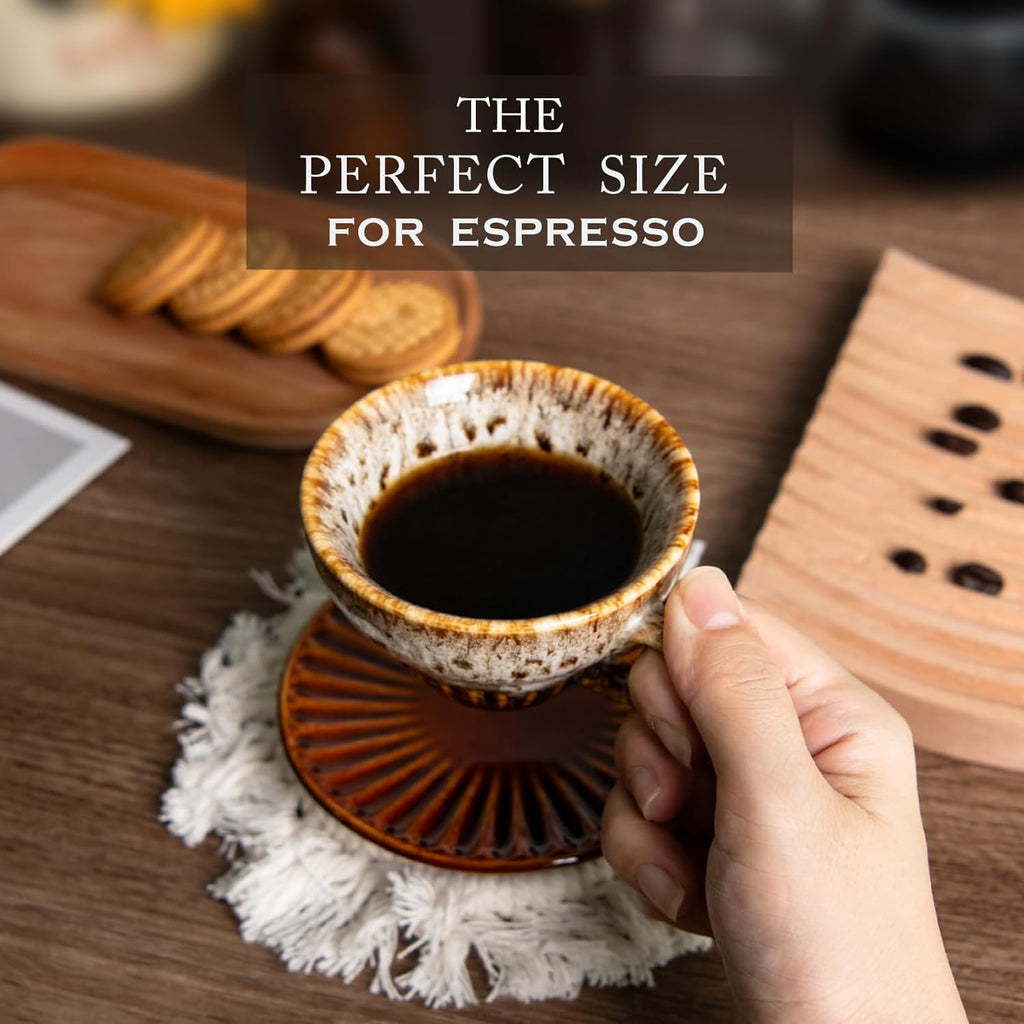 2 oz Espresso Cups Set of 6, Ceramic Cappuccino Cups with Saucers, Stackable Coffee Cup for Macchiato, Single shot, Tea, Coffee Lover Gifts, Glazed Blue
