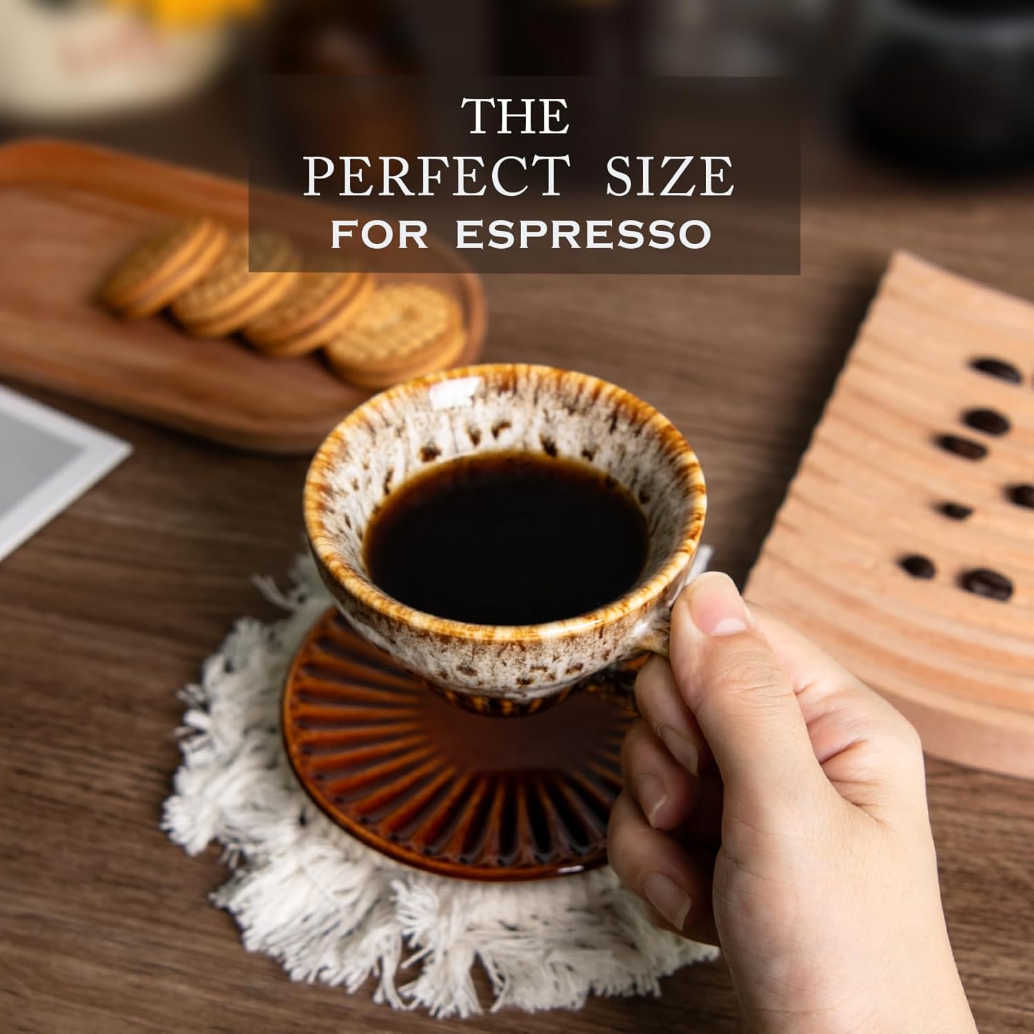 White Tea Cups and Saucers- 2oz Stackable Ceramic Espresso Cups & Cappuccino Cup Set of 2 for Coffee, Latte, and Tea, Durable Porcelain tea Set & Modern Latte Cup Collection