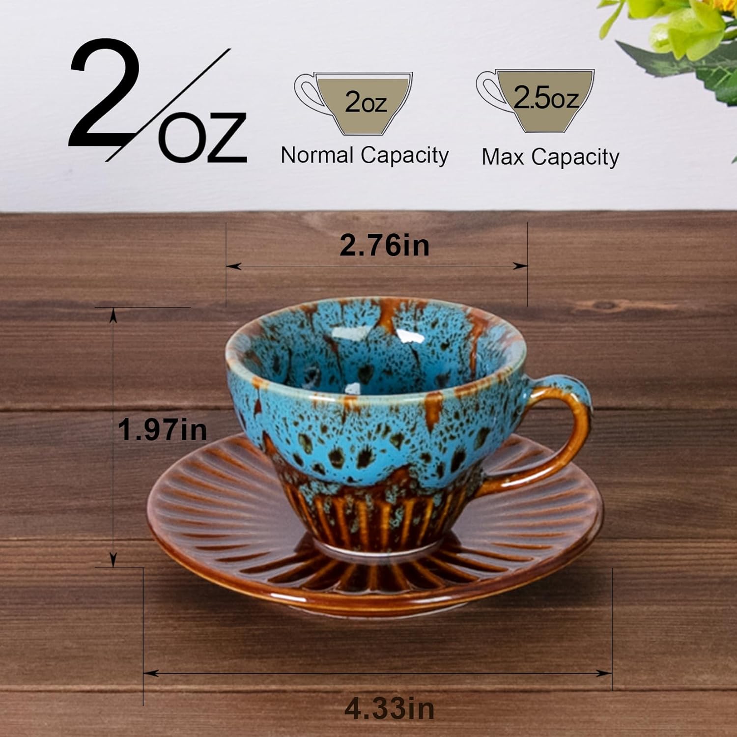 White Tea Cups and Saucers- 4oz Stackable Ceramic Espresso Cups & Cappuccino Cup Set of 2 for Coffee, Latte, and Tea, Durable Porcelain tea Set & Modern Latte Cup Collection