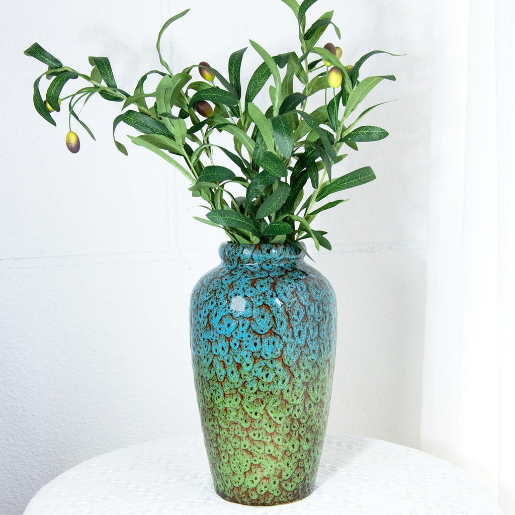 Unique Ceramic Flower Vase, Modern Home Decor for Living Room, Tables, Shelves & Enterways,11Inch Tall Blue Green Vase Gift for Housewarming, Wedding, Birthday
