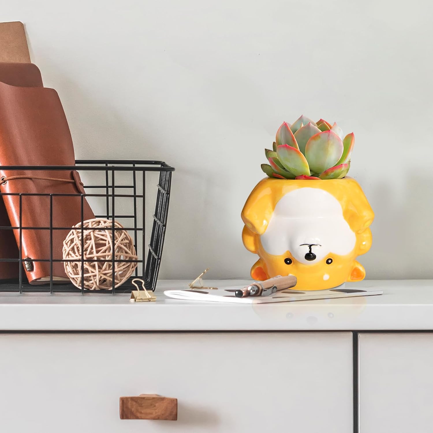 Cute Animal Ceramics Planter Succulent Pot with Drainage, 4.4 Inch Plant Pot for Indoor Mini Plants Flower Cactus, Home and Garden Decor Fun Corgi Gifts