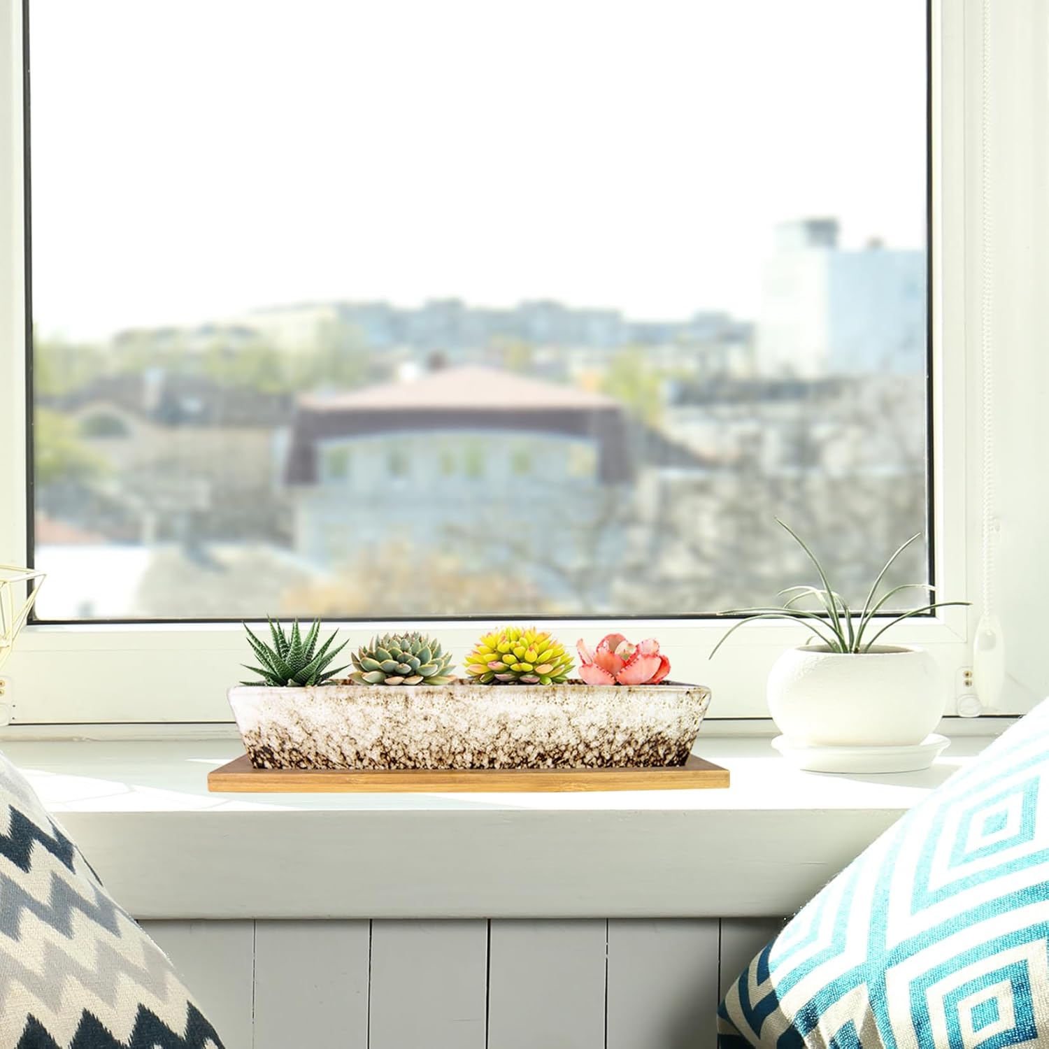 ARTKETTY Succulent Pots, 9.8 Inch Ceramic Succulent Planters with Drainage Small Bonsai Pot with Bamboo Tray, Mini Cactus Flower Planter Pot Shallow Rectangular Window Planters for Indoor Plants