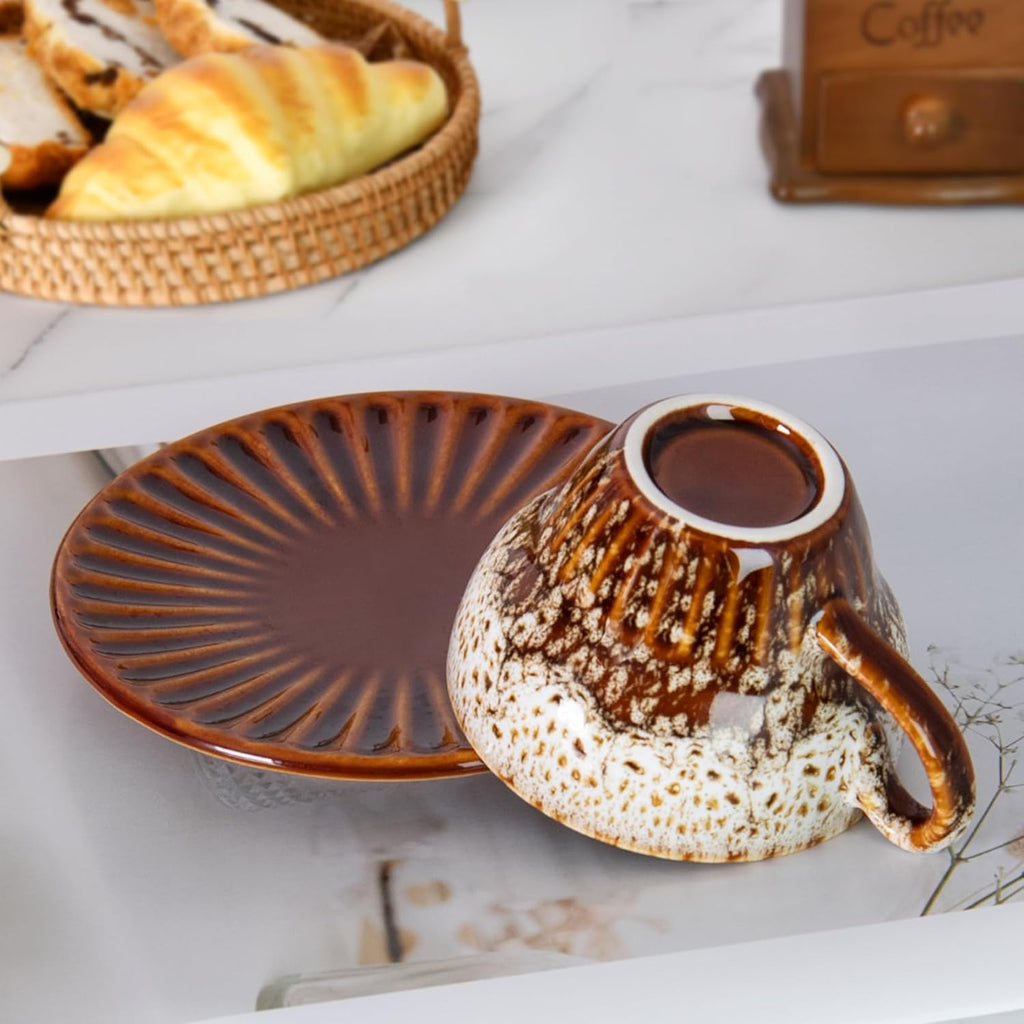 Tea Cups and Saucers- 2oz Stackable Ceramic Espresso Cups & Cappuccino Cup Set of 2 for Coffee, Latte, and Tea, Durable Glazed White Porcelain tea Set & Modern Latte Cup Collection