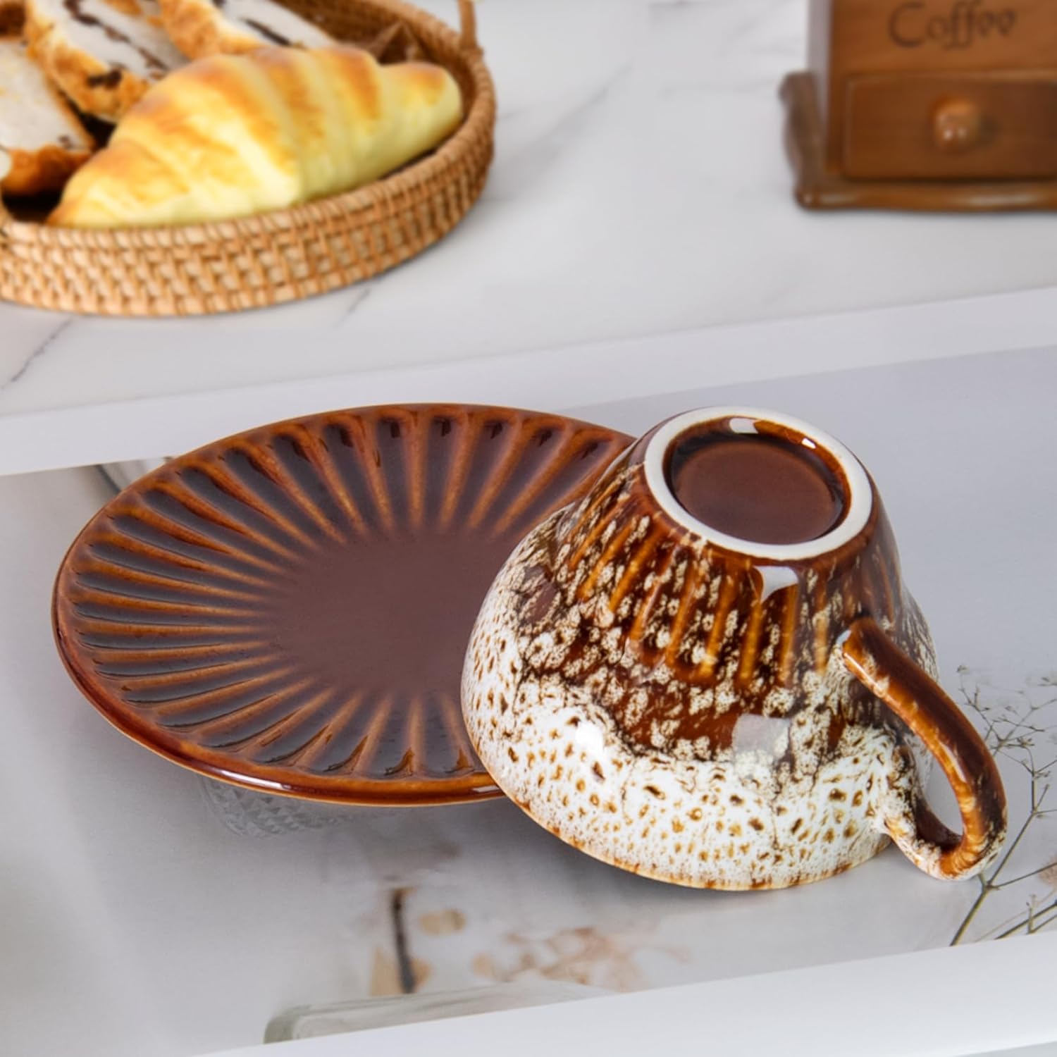 Tea Cups and Saucers- 2oz Stackable Ceramic Espresso Cups & Cappuccino Cup Set of 2 for Coffee, Latte, and Tea, Durable Glazed White Porcelain tea Set & Modern Latte Cup Collection