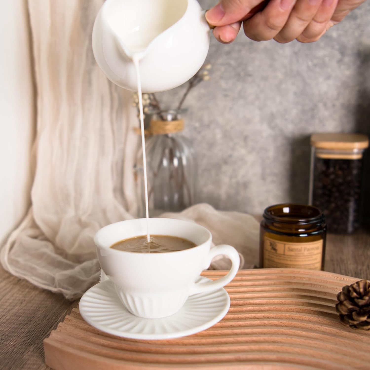 White Tea Cups and Saucers- 4oz Stackable Ceramic Espresso Cups & Cappuccino Cup Set of 2 for Coffee, Latte, and Tea, Durable Porcelain tea Set & Modern Latte Cup Collection