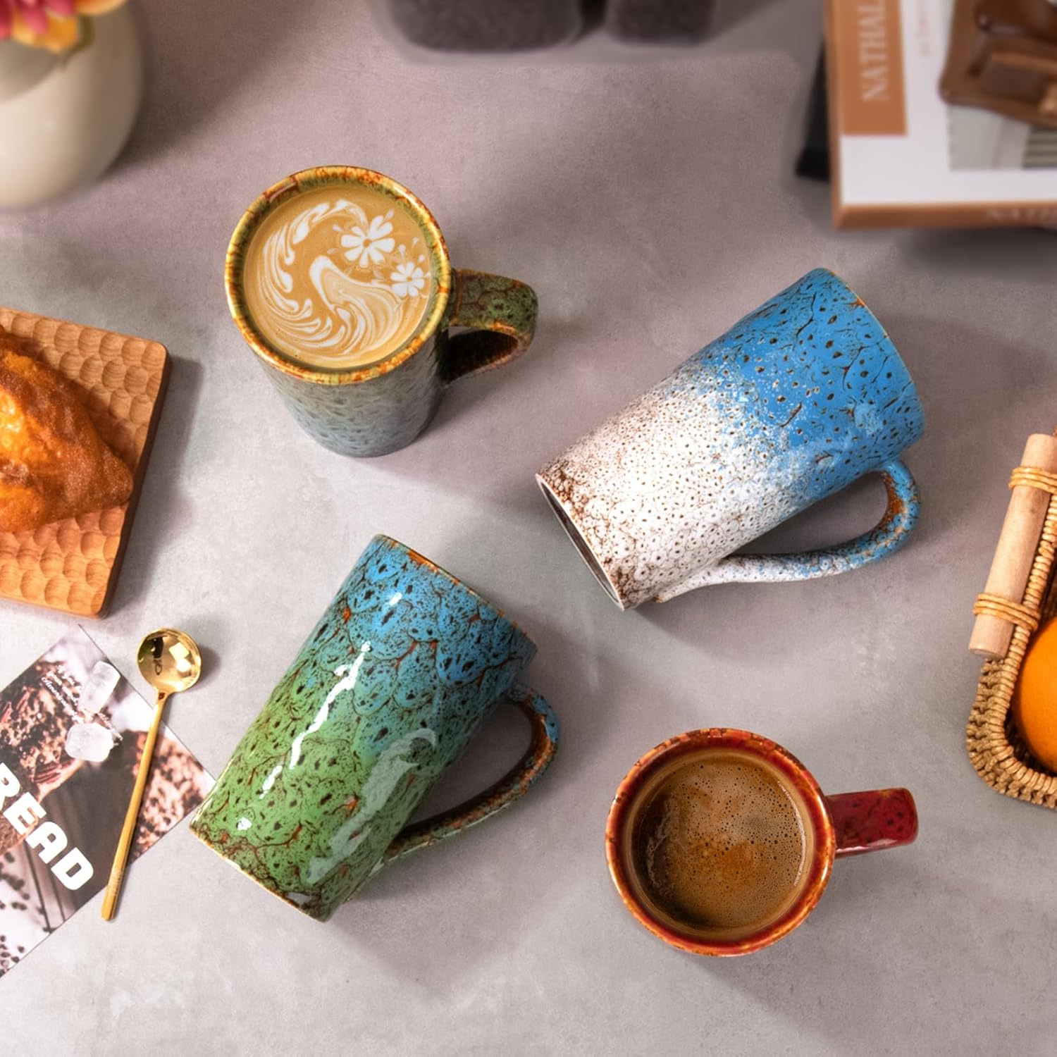 20oz Porcelain Coffee Mugs Set of 4, Large Tall Coffee Mugs with Handles, Modern Ceramic Coffee Cups for Coffee, Tea, Cocoa, Milk, Gifts for Women Men - Blue & Green
