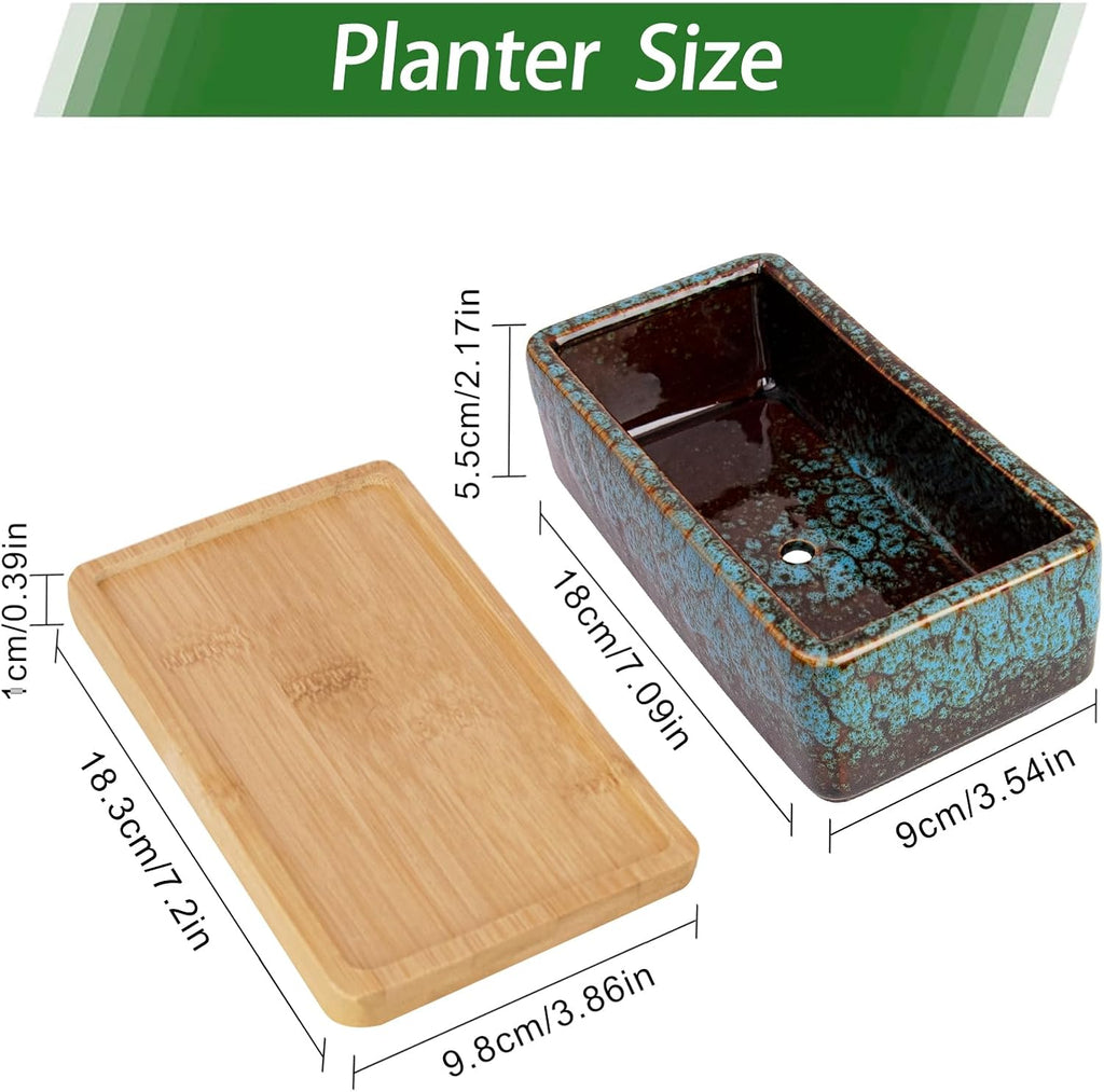 ARTKETTY Succulent Pots - 7 Inch Large Succulent Planters with Drainage Tray, Window Sill Planter, Long Rectangle Ceramic Pots for Indoor Cactus Plants Shallow Bonsai Window Box for Home Garden Decor