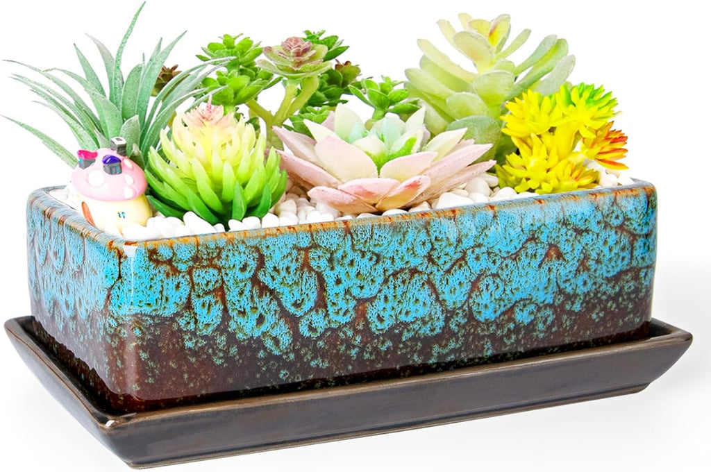 ARTKETTY Succulent Pots - Long Rectangle Succulent Planters with Drainage Tray, Window Sill Planter, Ceramic Pots for Indoor Cactus Plants Shallow Bonsai Window Box for Home Garden Decor