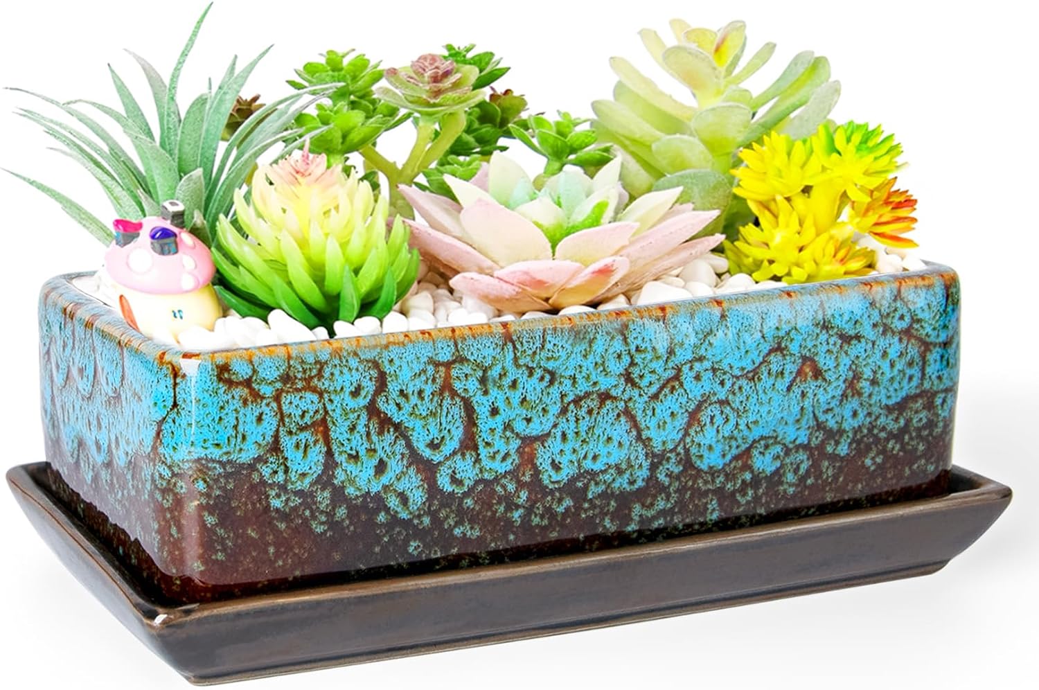 ARTKETTY Succulent Pots - Long Rectangle Succulent Planters with Drainage Tray, Window Sill Planter, Ceramic Pots for Indoor Cactus Plants Shallow Bonsai Window Box for Home Garden Decor