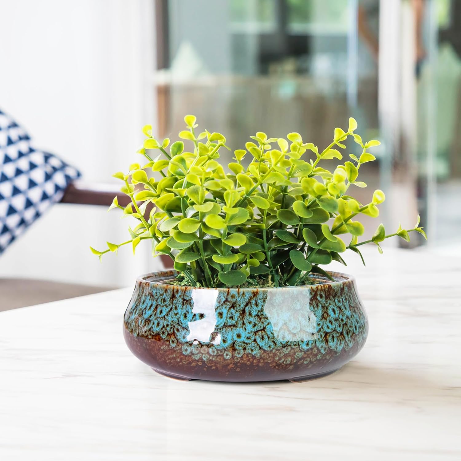 ARTKETTY Succulent Pots - 8 Inch Plant Pot, Large Bonsai Pots with Drainage, Ceramic Planters for Indoor Outdoor Plants, Round Shallow Cactus Flower Plant Container Bowl Decorative Home Garden