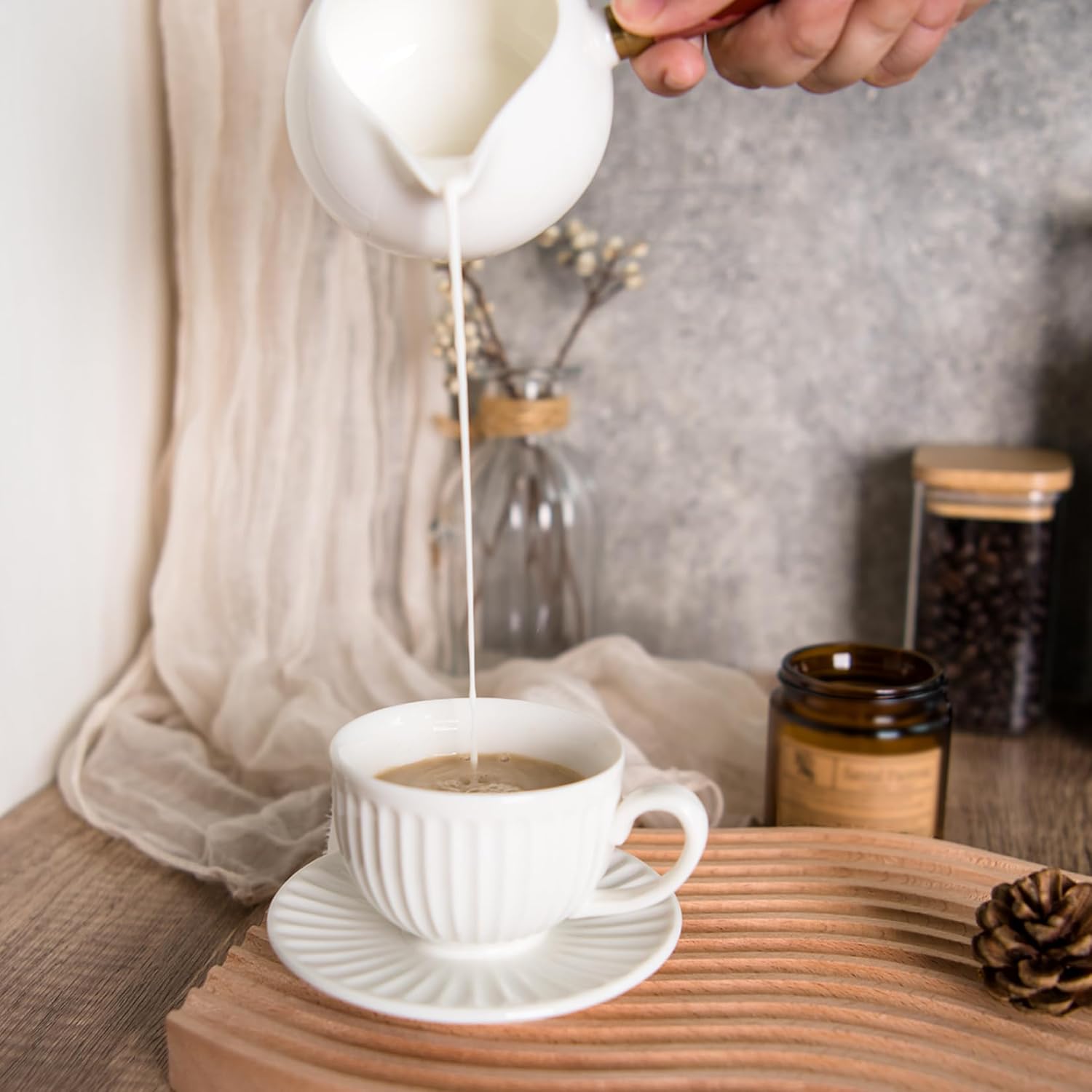 White Tea Cups and Saucers- 2oz Stackable Ceramic Espresso Cups & Cappuccino Cup Set of 2 for Coffee, Latte, and Tea, Durable Porcelain tea Set & Modern Latte Cup Collection
