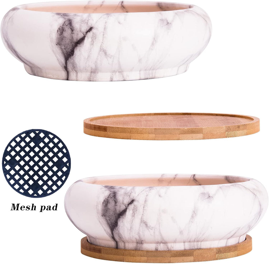 ARTKETTY Succulent Pots - 7.3 Inch Ceramic Bonsai Pots with Trays Set of 2, Large Succulent Plant Pots with Drainage Shallow Planters for Indoor Plants Marble Cactus Flower Plant Container Bowl