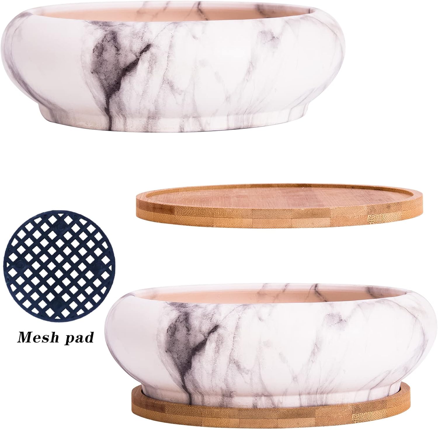 ARTKETTY Succulent Pots - 7.3 Inch Ceramic Bonsai Pots with Trays Set of 2, Large Succulent Plant Pots with Drainage Shallow Planters for Indoor Plants Marble Cactus Flower Plant Container Bowl
