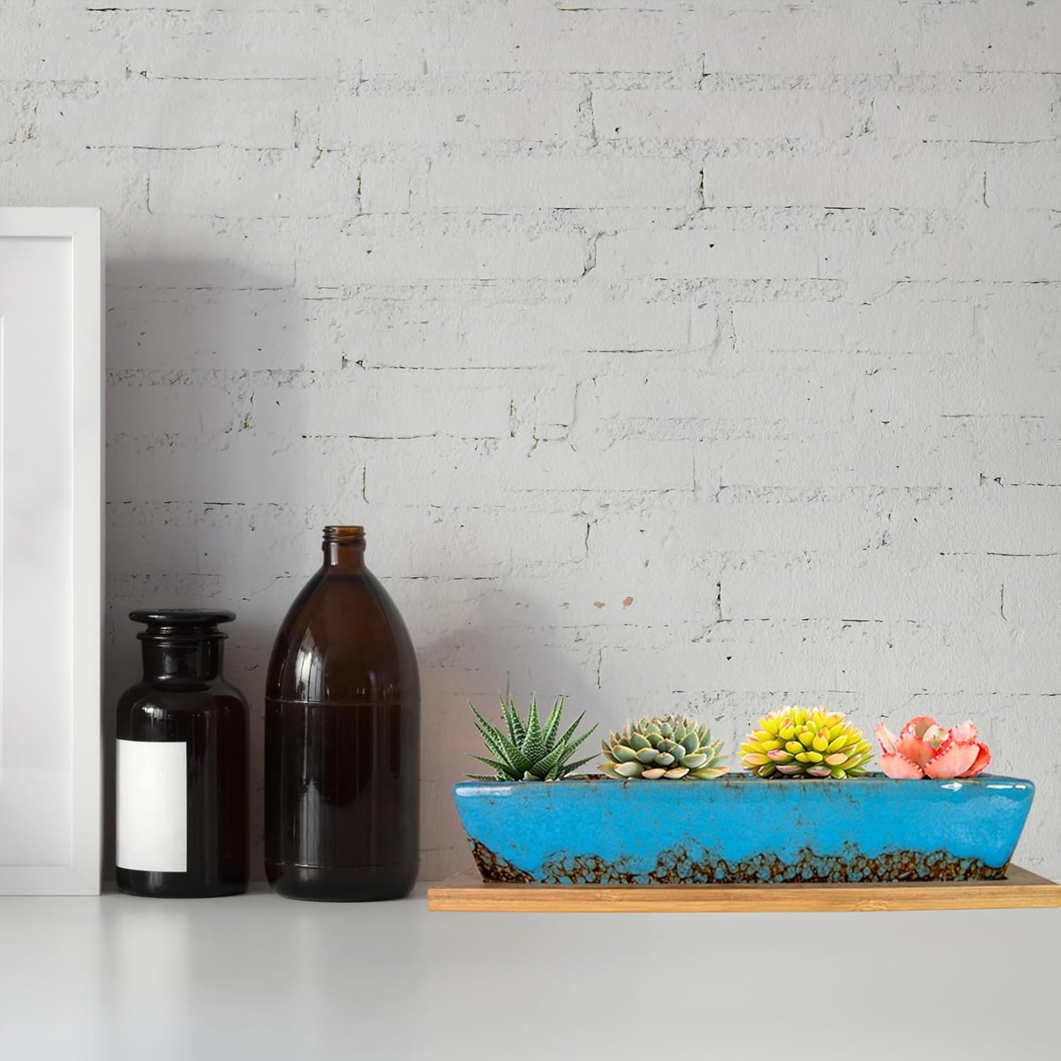 ARTKETTY Succulent Pots, 9.8 Inch Ceramic Succulent Planters with Drainage Small Bonsai Pot with Bamboo Tray, Mini Cactus Flower Planter Pot Shallow Rectangular Window Planters for Indoor Plants