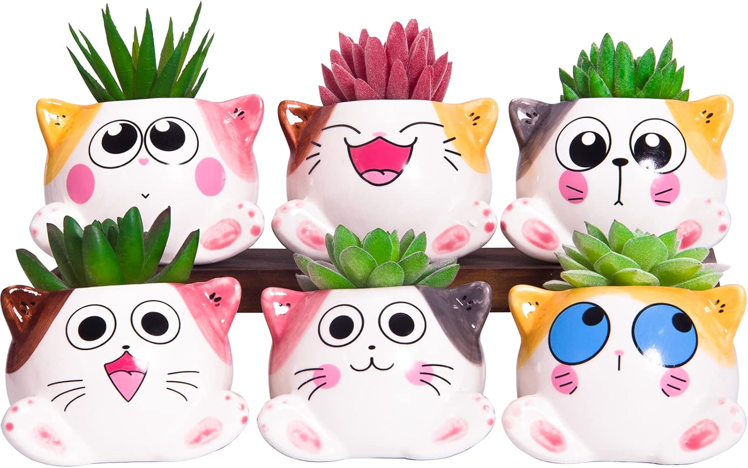 Cute Succulent Pots with Drainage Cat Planters for Indoor Plants 3.4 Inch Tiny Animal Planters Mini Cat Pots Small Ceramic Flower Pot Cartoon Cactus Plant Pots Set of 6