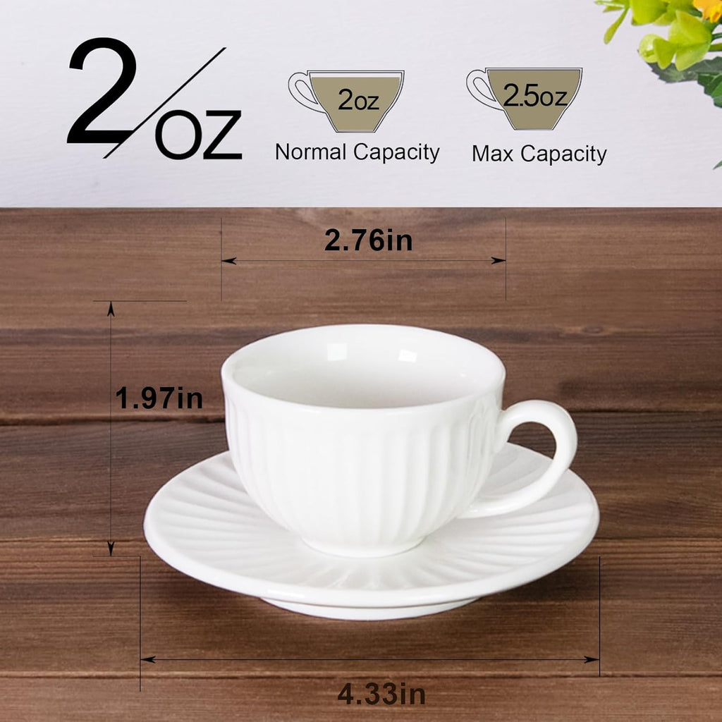 White Tea Cups and Saucers- 2oz Stackable Ceramic Espresso Cups & Cappuccino Cup Set of 2 for Coffee, Latte, and Tea, Durable Porcelain tea Set & Modern Latte Cup Collection