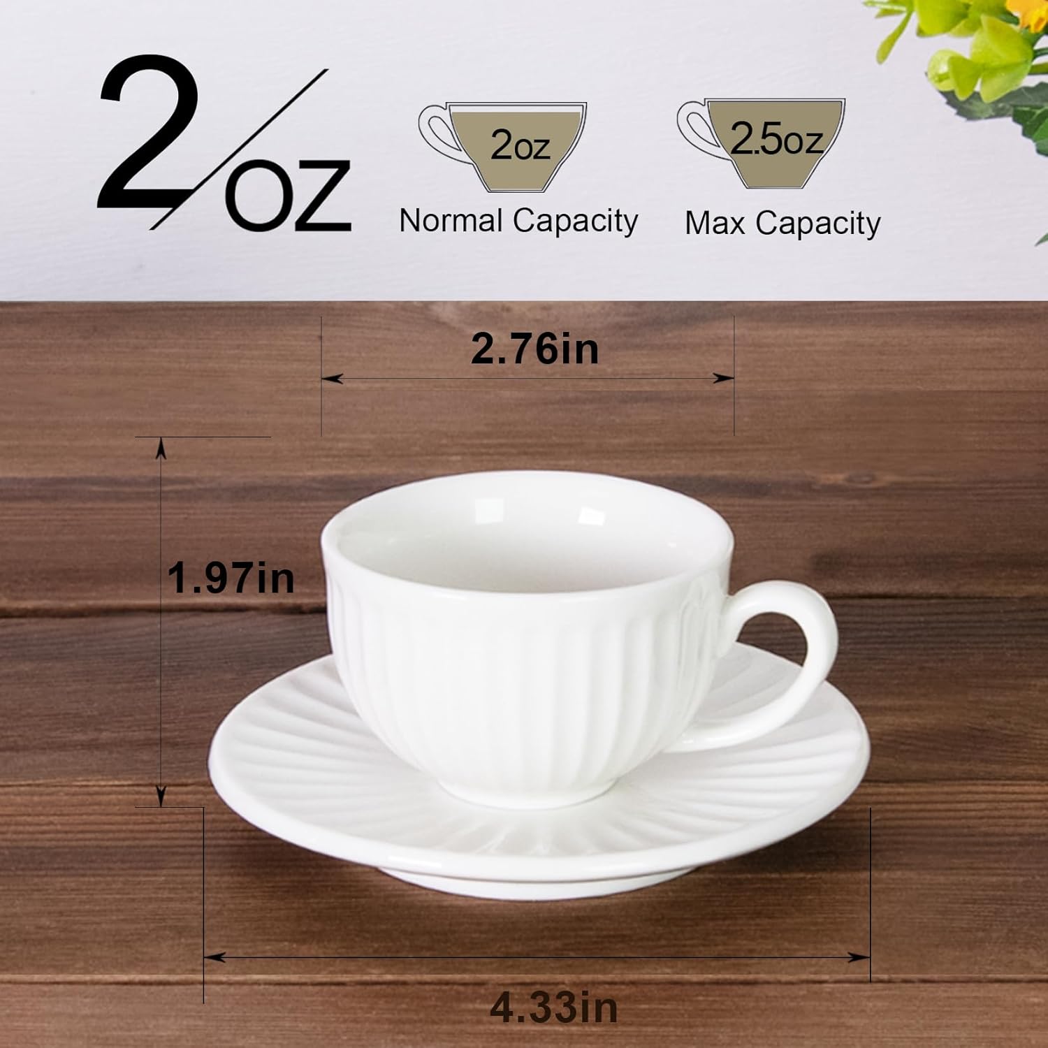White Tea Cups and Saucers- 2oz Stackable Ceramic Espresso Cups & Cappuccino Cup Set of 2 for Coffee, Latte, and Tea, Durable Porcelain tea Set & Modern Latte Cup Collection