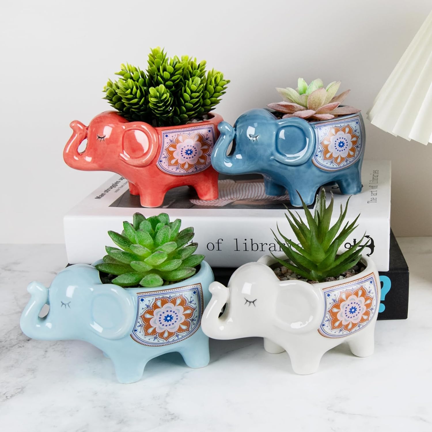 Elephant Planter Cartoon Succulent Pots with Drainage 5.31 Inch Animal Planter Cute Plant Pots Succulent Planter Container Ceramic Flower Pots Perfect for Home Decor and Gifts, Set of 4