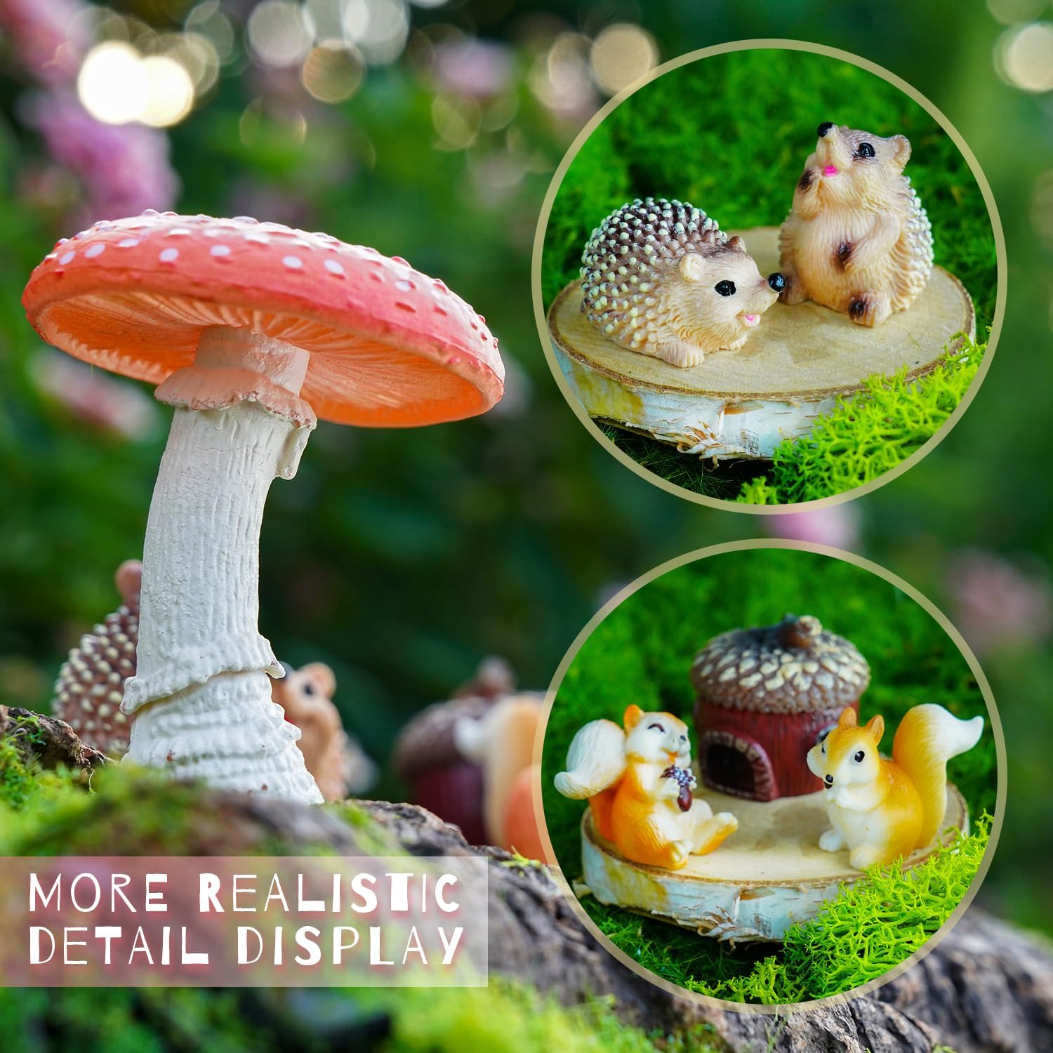 7Pcs Fairy Garden Animal Figurines – Resin Squirrel, Hedgehog, Mushroom & Acorn Miniatures for DIY Terrarium & Home Decor