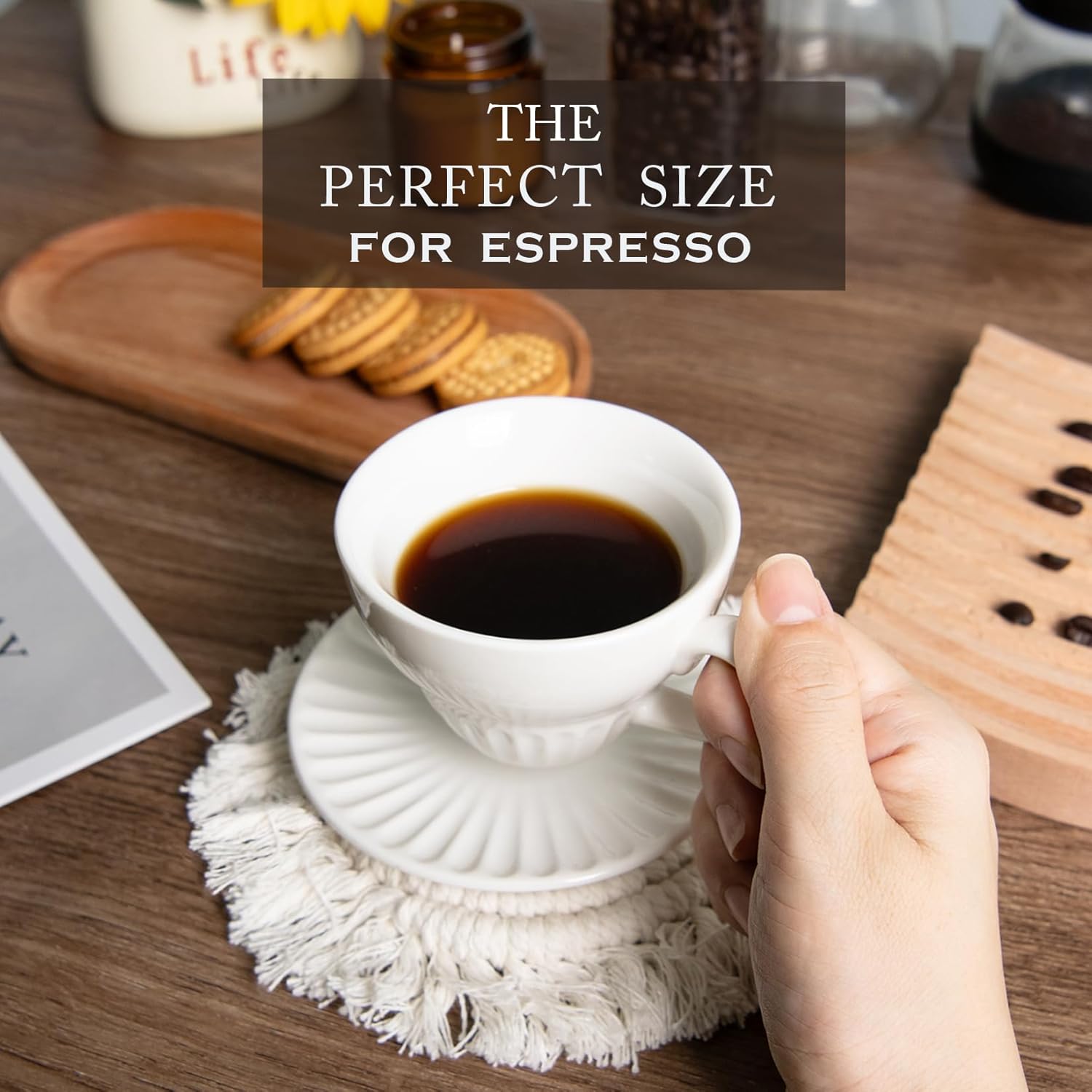 2 oz Espresso Cups Set of 6, Ceramic Cappuccino Cups with Saucers, Stackable Coffee Cup for Macchiato, Double shot, Tea, Coffee Lover Gifts, White