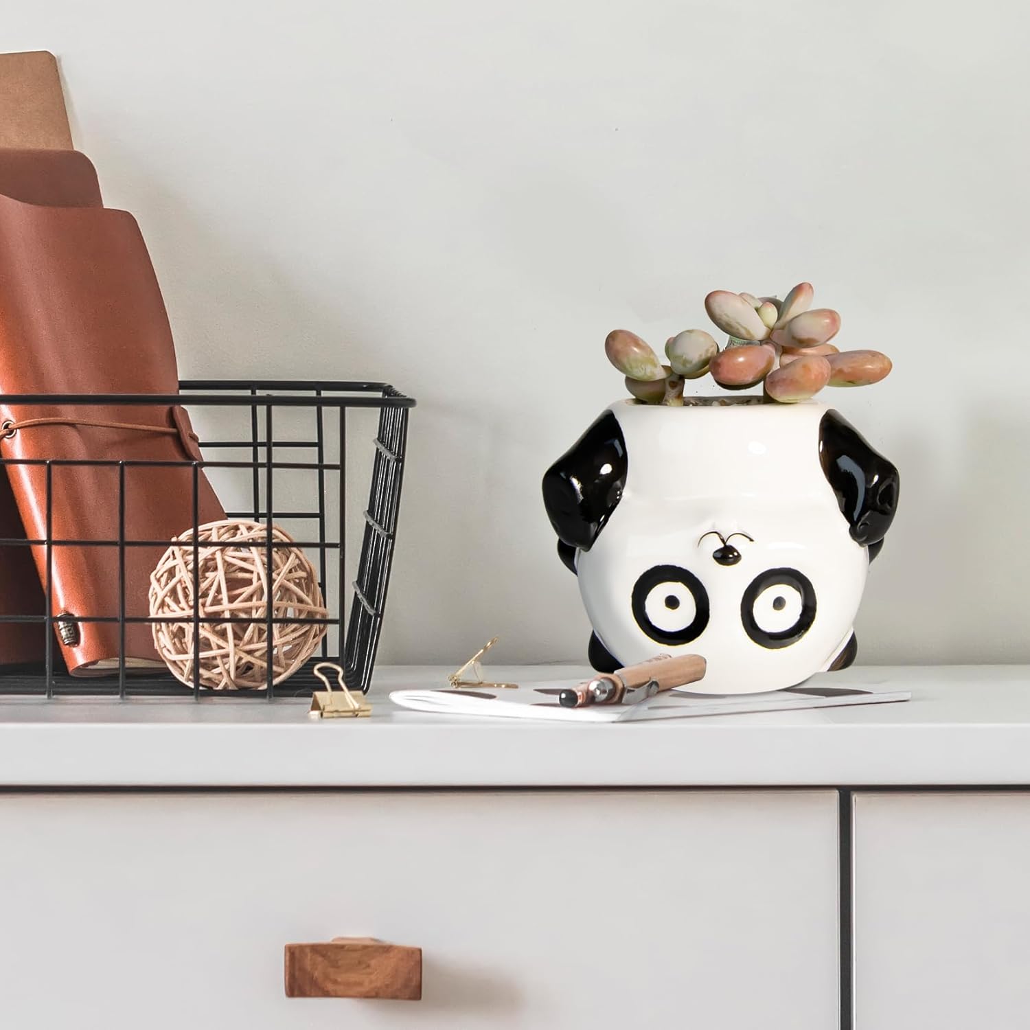 Cute Animal Ceramics Planter Succulent Pot with Drainage, 4.4 Inch Plant Pot for Indoor Mini Plants Flower Cactus, Home and Garden Decor Fun Panda Gifts