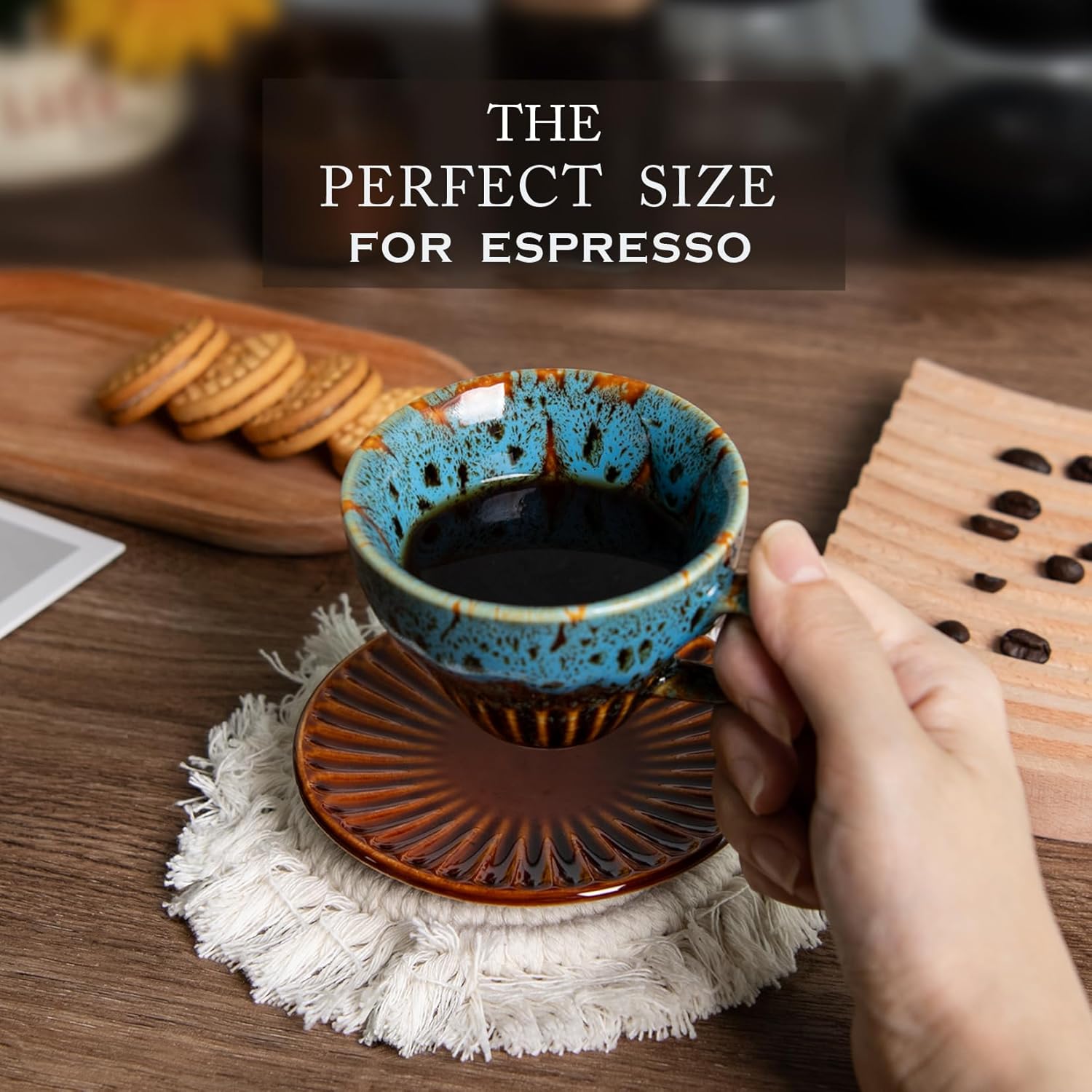 2 oz Espresso Cups Set of 6, Ceramic Cappuccino Cups with Saucers, Stackable Coffee Cup for Macchiato, Single shot, Tea, Coffee Lover Gifts, Glazed Blue