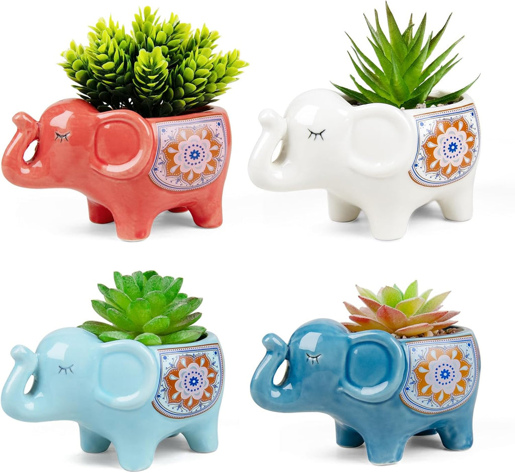 Elephant Planter Cartoon Succulent Pots with Drainage 5.31 Inch Animal Planter Cute Plant Pots Succulent Planter Container Ceramic Flower Pots Perfect for Home Decor and Gifts, Set of 4