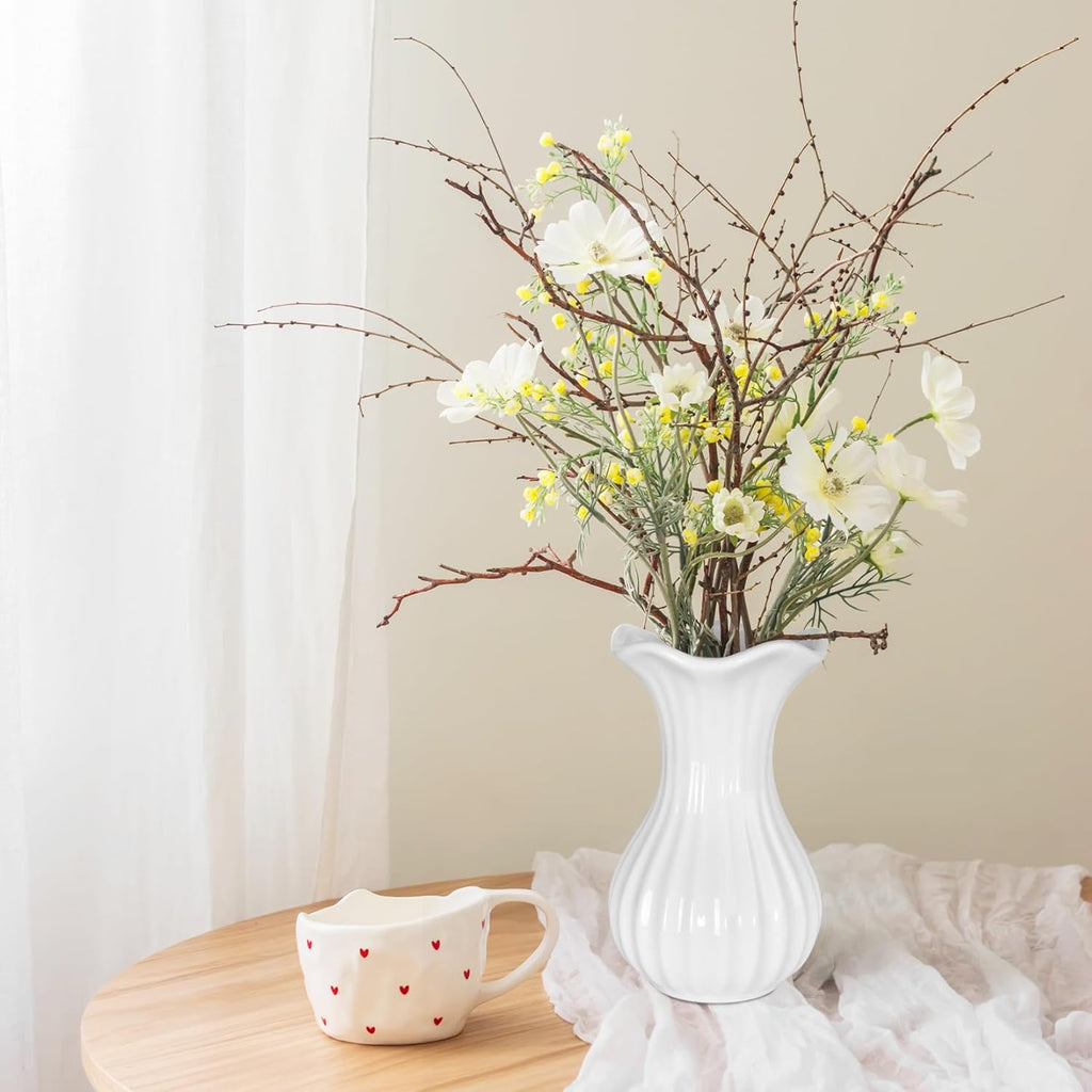White Ceramic Vase, Small Vases for Home Decor, Elegant Flower Vase Centerpiece for Tables, Office Desk, Room Decor, Fit for Housewarming, Wedding, Birthday (Pure White)