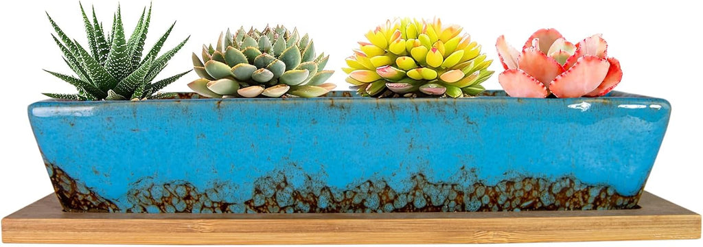 ARTKETTY Succulent Pots, 9.8 Inch Ceramic Succulent Planters with Drainage Small Bonsai Pot with Bamboo Tray, Mini Cactus Flower Planter Pot Shallow Rectangular Window Planters for Indoor Plants