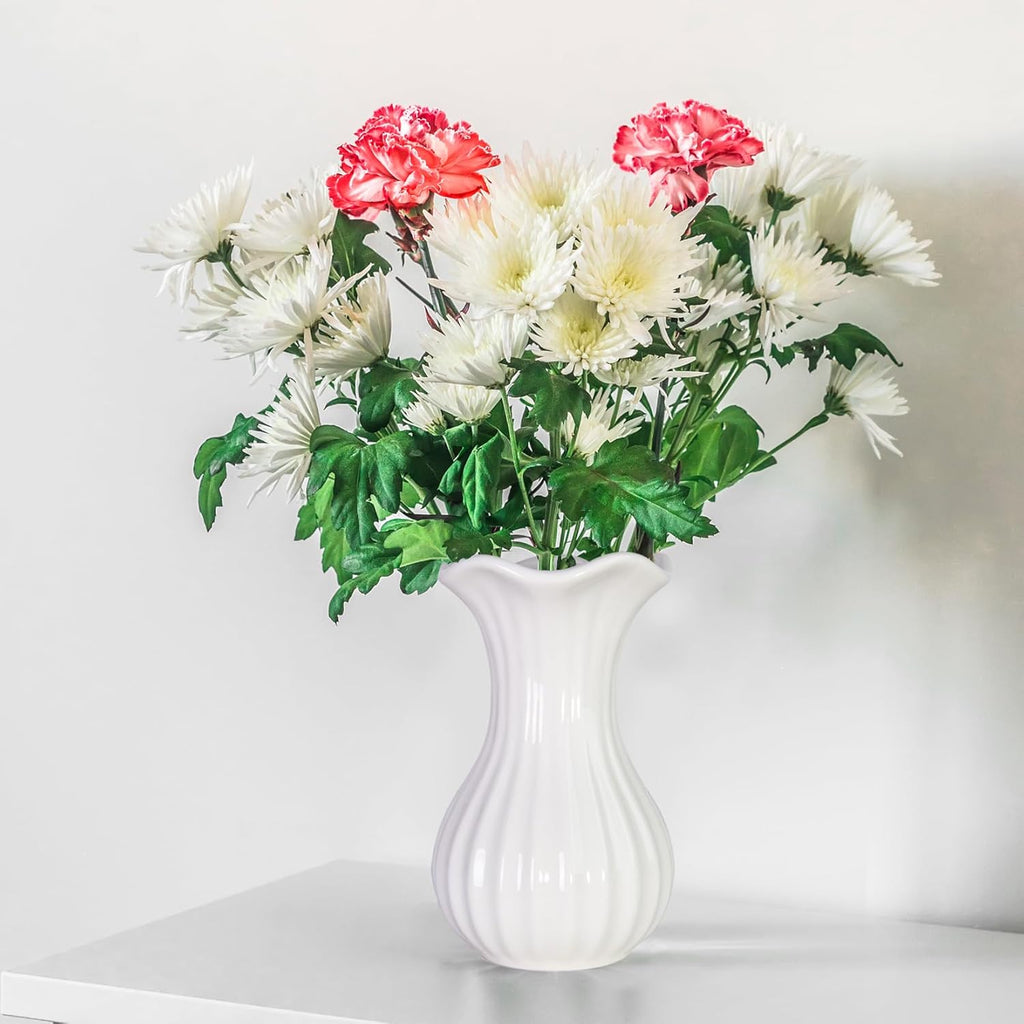 White Ceramic Vase, Small Vases for Home Decor, Elegant Flower Vase Centerpiece for Tables, Office Desk, Room Decor, Fit for Housewarming, Wedding, Birthday (Pure White)