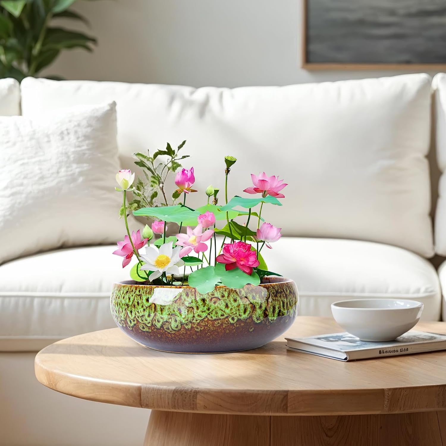 ARTKETTY Lotus Bowl Planter - 8 Inch Large Lotus Flower Bowl for Water Plants, Ceramic Bonsai Bowl for Hydroponic Plant Succulent Plants Indoors Outdoor