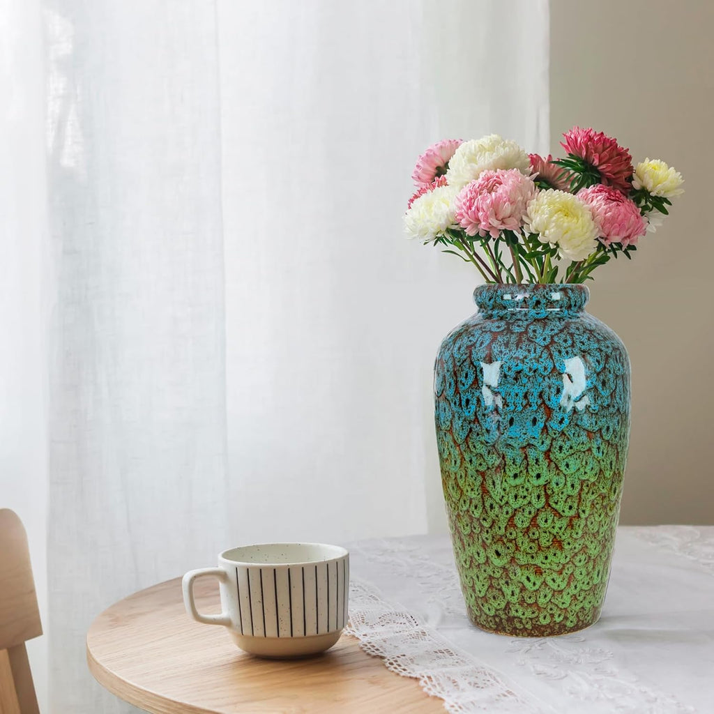 Unique Ceramic Flower Vase, Modern Home Decor for Living Room, Tables, Shelves & Enterways,11Inch Tall Blue Green Vase Gift for Housewarming, Wedding, Birthday