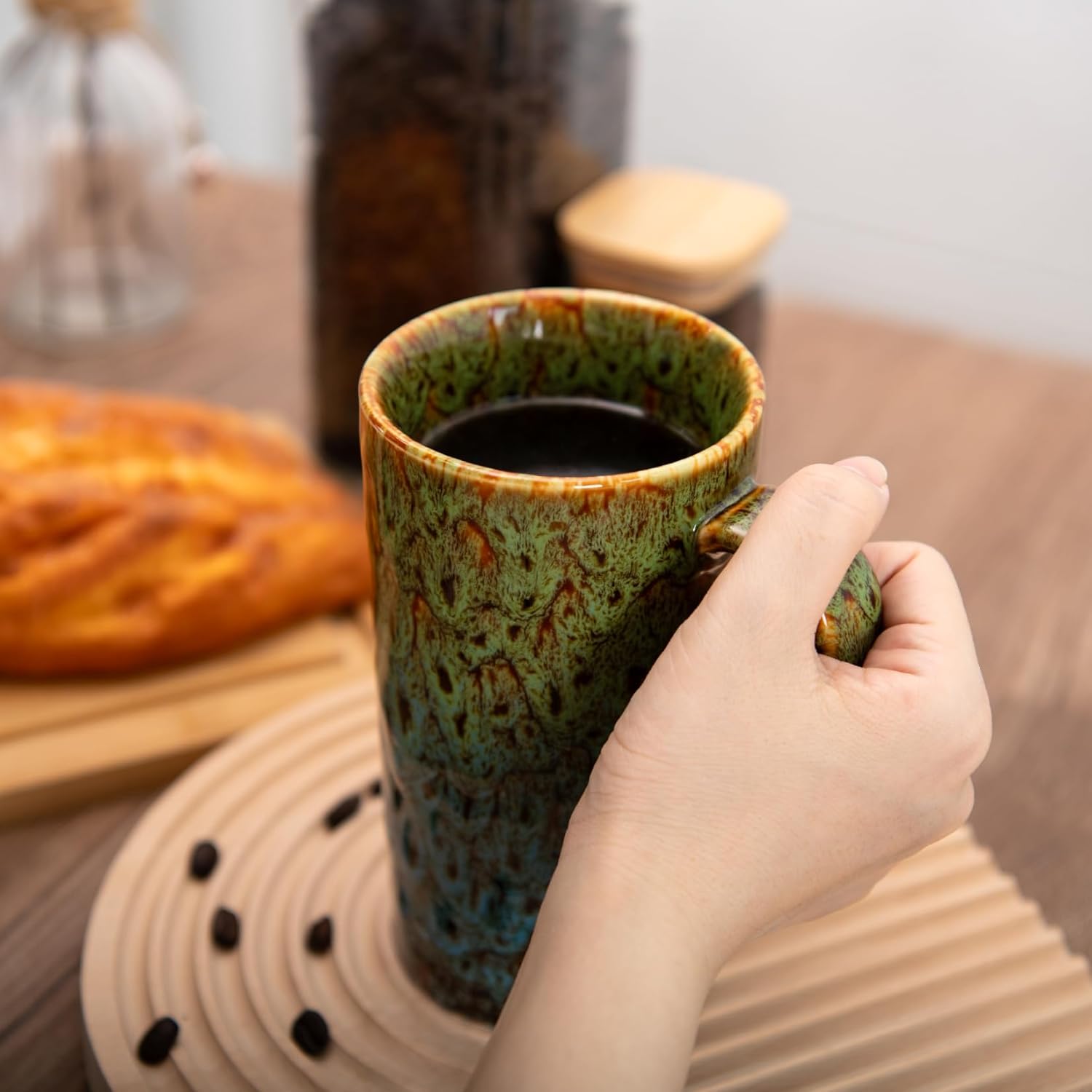 20oz Porcelain Coffee Mugs Set of 2, Large Tall Coffee Mugs with Handles, Modern Ceramic Coffee Cups for Coffee, Tea, Cocoa, Milk, Gifts for Women Men - Black