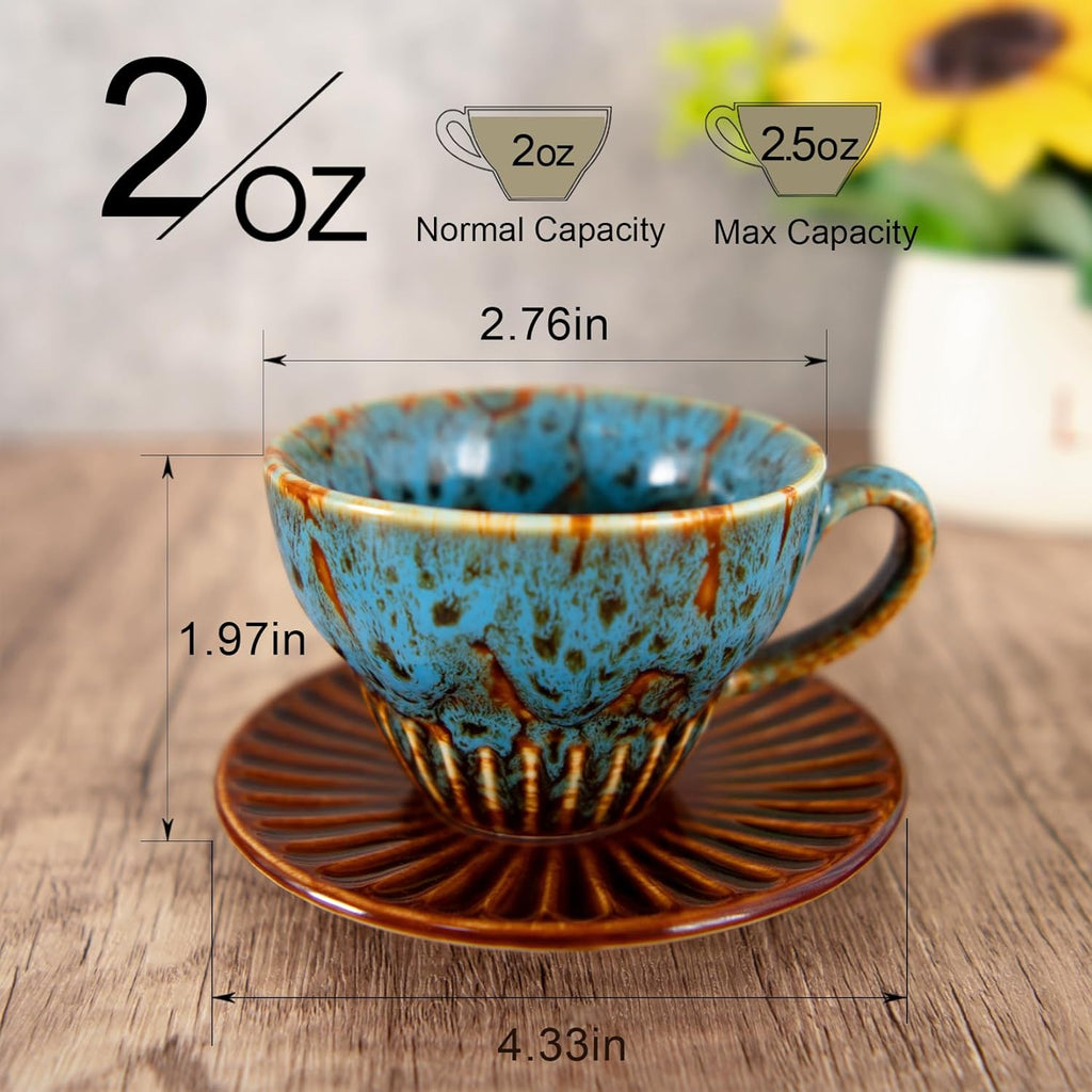 2 oz Espresso Cups Set of 6, Ceramic Cappuccino Cups with Saucers, Stackable Coffee Cup for Macchiato, Single shot, Tea, Coffee Lover Gifts, Glazed Blue
