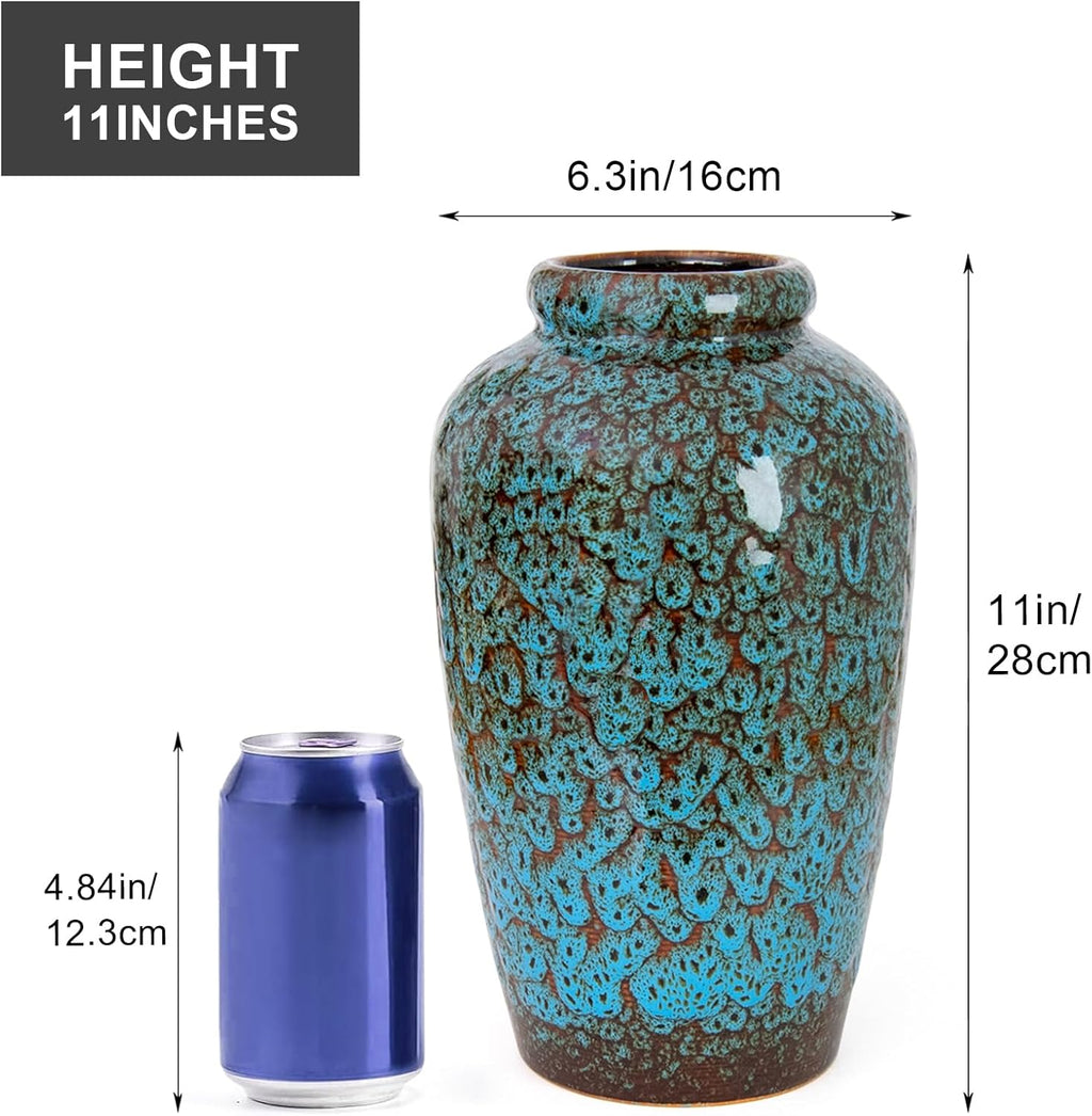 Unique Ceramic Flower Vase, Modern Home Decor for Living Room, Tables, Shelves & Enterways,11Inch Tall Glaze Blue Vase Gift for Housewarming, Wedding, Birthday