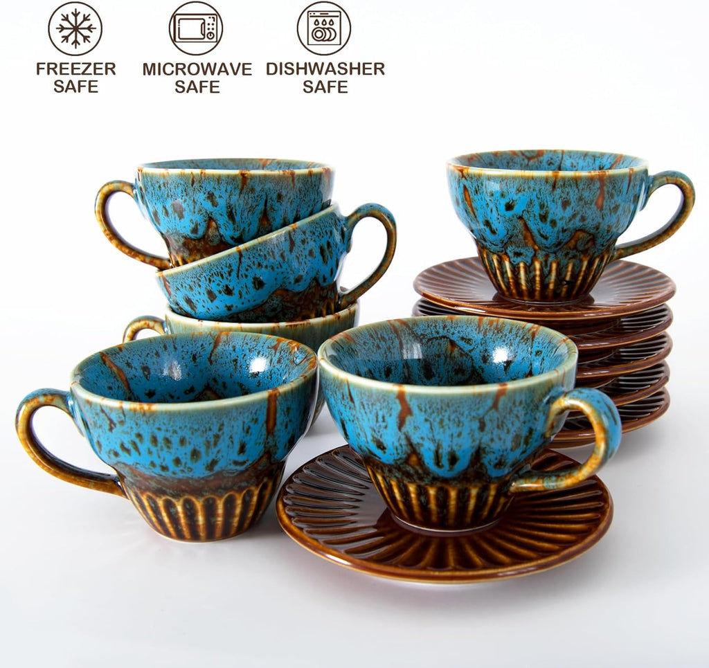 2 oz Espresso Cups Set of 6, Ceramic Cappuccino Cups with Saucers, Stackable Coffee Cup for Macchiato, Single shot, Tea, Coffee Lover Gifts, Glazed Blue
