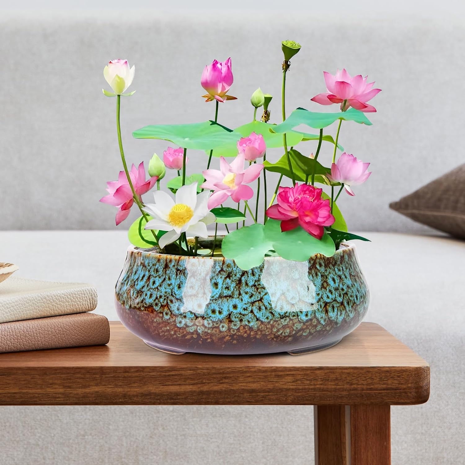 Lotus Bowl Planter - 8 Inch Large Lotus Flower Bowl for Water Plants, Ceramic Hydroponic Planter Water Lily Bowl for Planting Aquatic and Indoor Succulent Plants and Bonsai