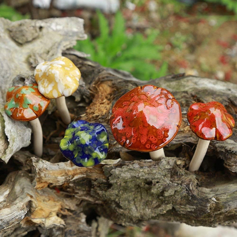 4Pcs Ceramic Mushroom Ornaments – Glazed Garden Stakes for Fairy Garden, Yard & Home Decor
