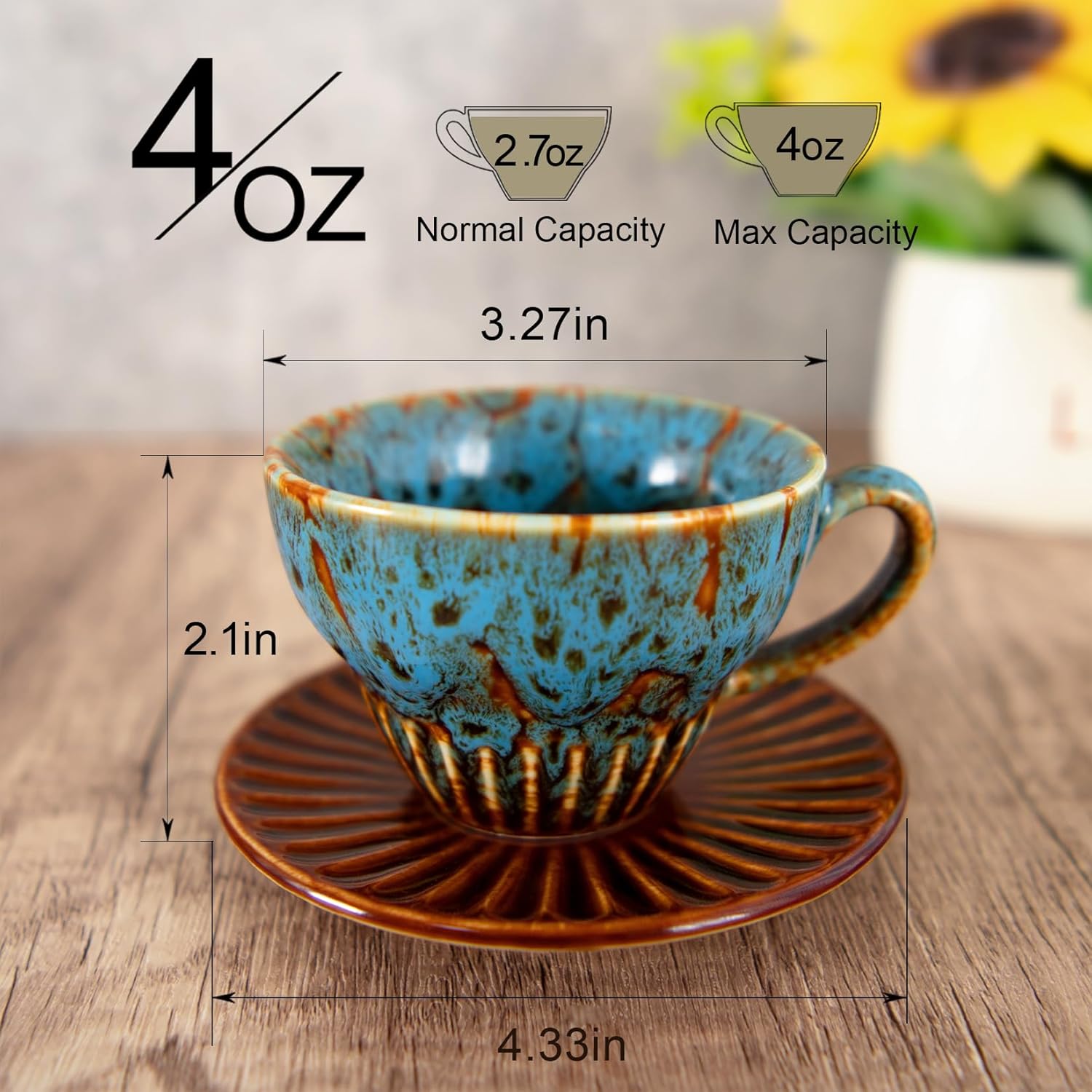 2 oz Espresso Cups Set of 6, Ceramic Cappuccino Cups with Saucers, Stackable Coffee Cup for Macchiato, Single shot, Tea, Coffee Lover Gifts, Glazed Blue
