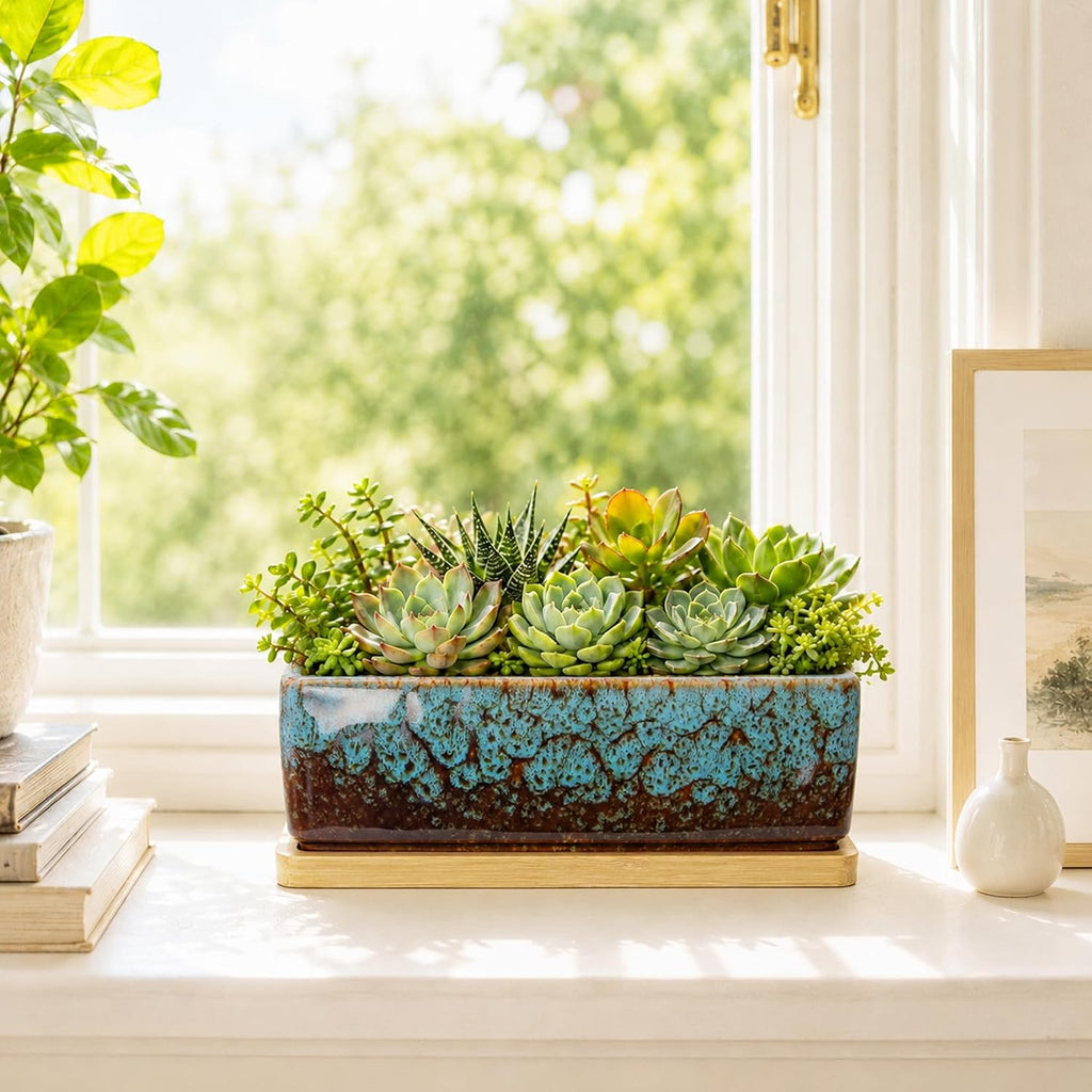 ARTKETTY Succulent Pots - 7 Inch Large Succulent Planters with Drainage Tray, Window Sill Planter, Long Rectangle Ceramic Pots for Indoor Cactus Plants Shallow Bonsai Window Box for Home Garden Decor
