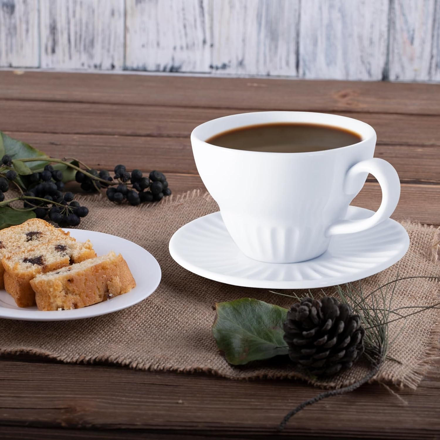 White Tea Cups and Saucers- 4oz Stackable Ceramic Espresso Cups & Cappuccino Cup Set of 2 for Coffee, Latte, and Tea, Durable Porcelain tea Set & Modern Latte Cup Collection