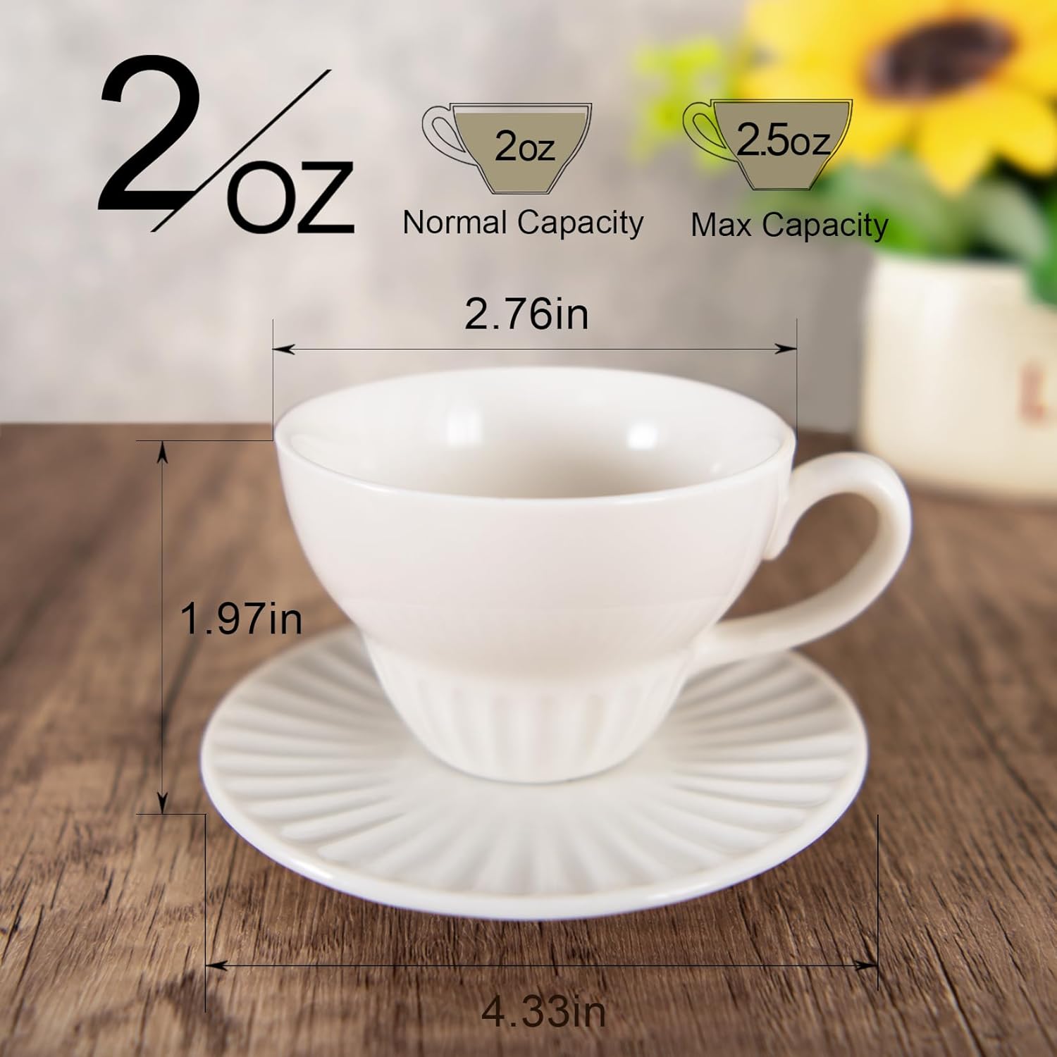 2 oz Espresso Cups Set of 6, Ceramic Cappuccino Cups with Saucers, Stackable Coffee Cup for Macchiato, Double shot, Tea, Coffee Lover Gifts, White