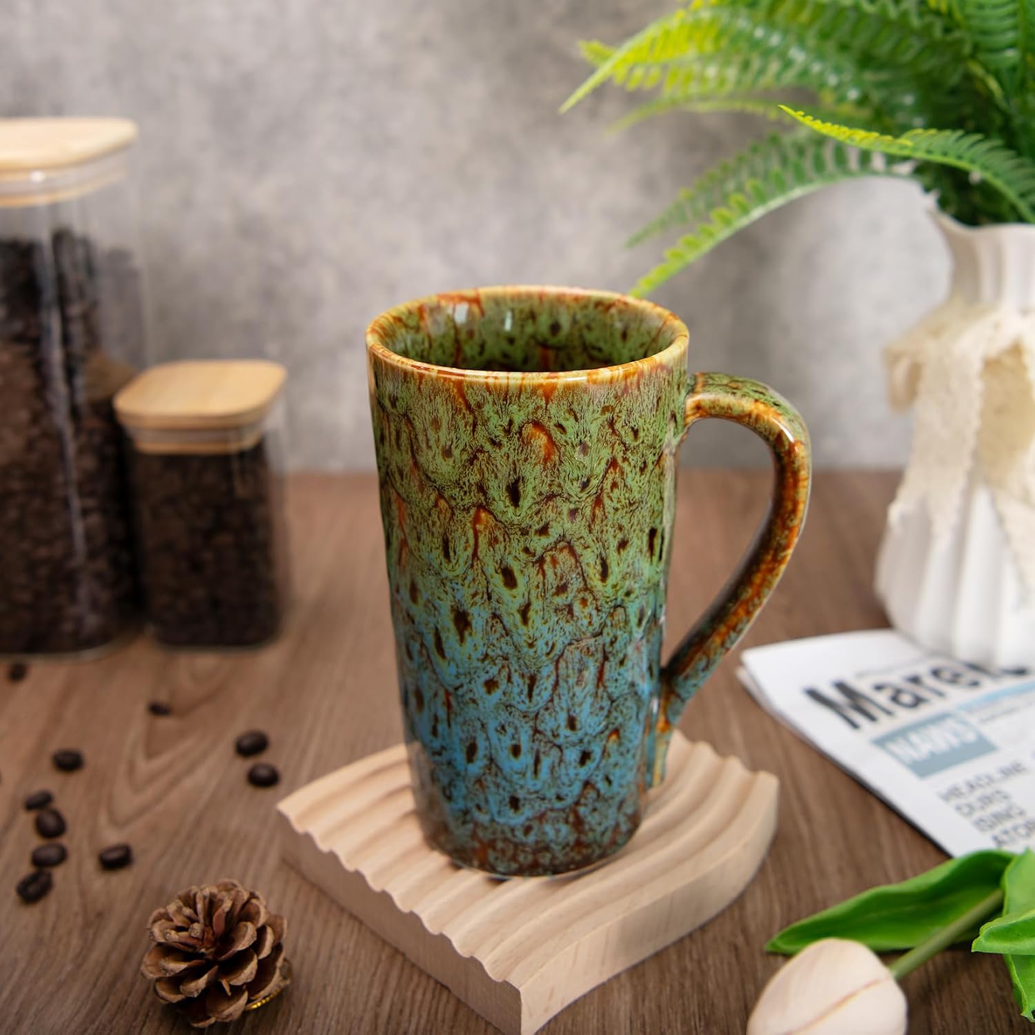 20 OZ Large Coffee Mugs, Coffee Cups Ceramic Tall Coffee Mugs with Handle, Unique Latte Tea Cup for Office and Home, Novelty Gifts for Men and Women, Set of 2 (Green & Blue)