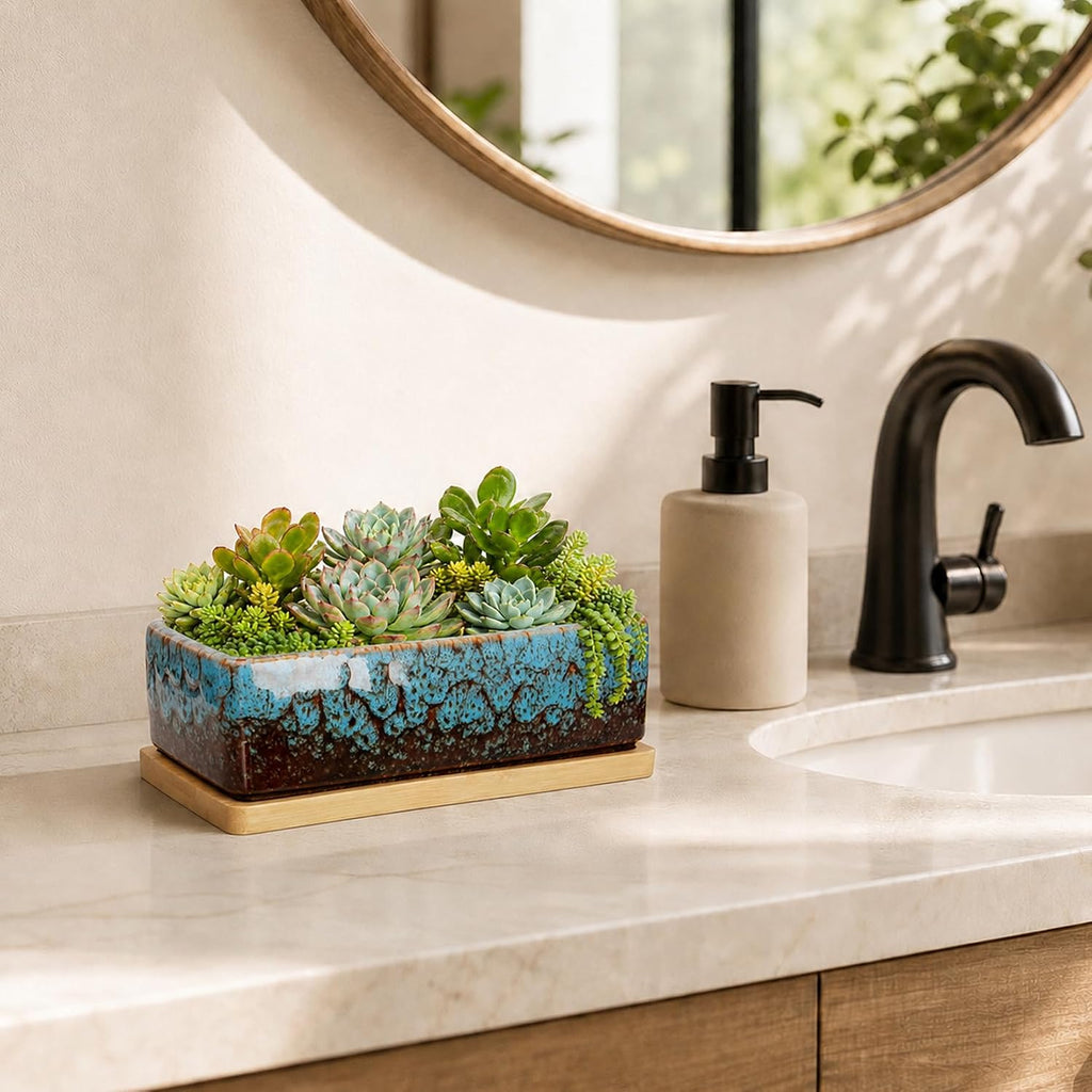 ARTKETTY Succulent Pots - 7 Inch Large Succulent Planters with Drainage Tray, Window Sill Planter, Long Rectangle Ceramic Pots for Indoor Cactus Plants Shallow Bonsai Window Box for Home Garden Decor
