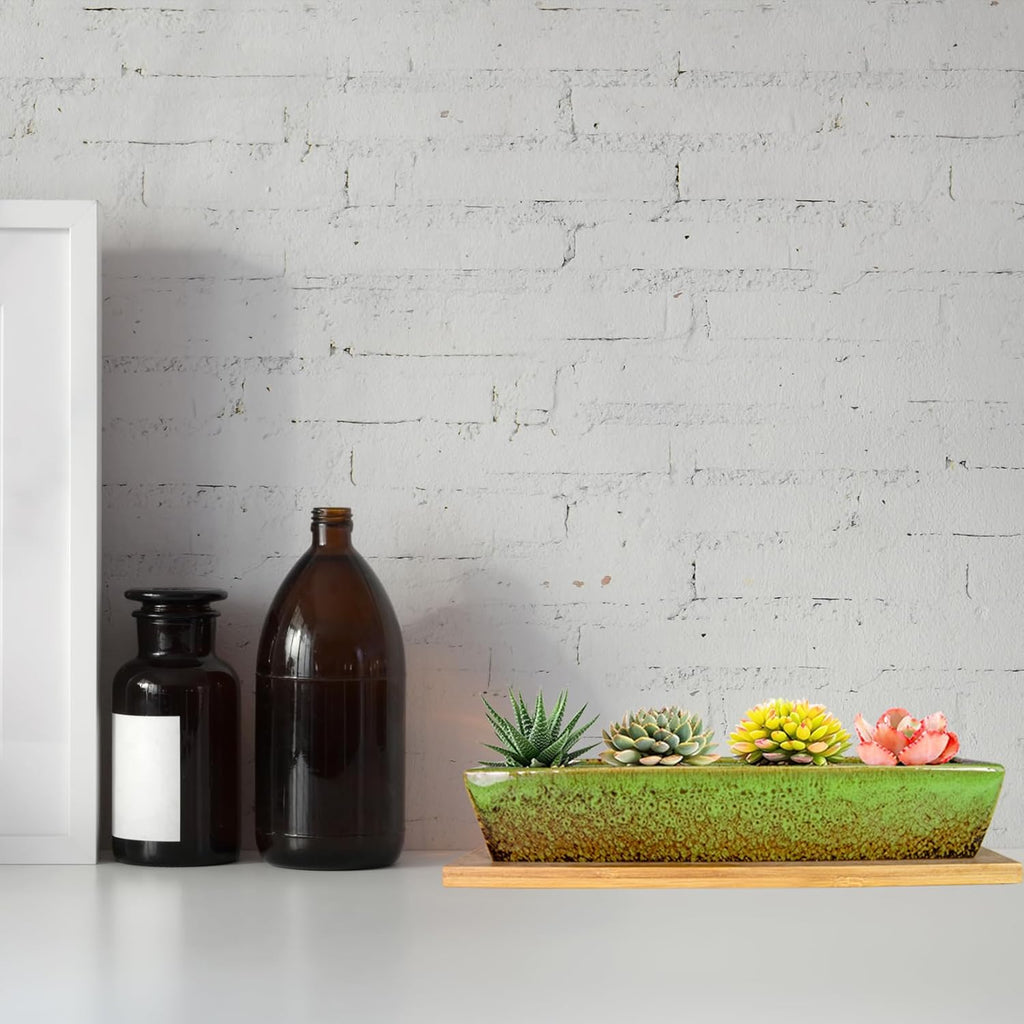 ARTKETTY Succulent Pots, 9.8 Inch Ceramic Succulent Planters with Drainage Small Bonsai Pot with Bamboo Tray, Mini Cactus Flower Planter Pot Shallow Rectangular Window Planters for Indoor Plants