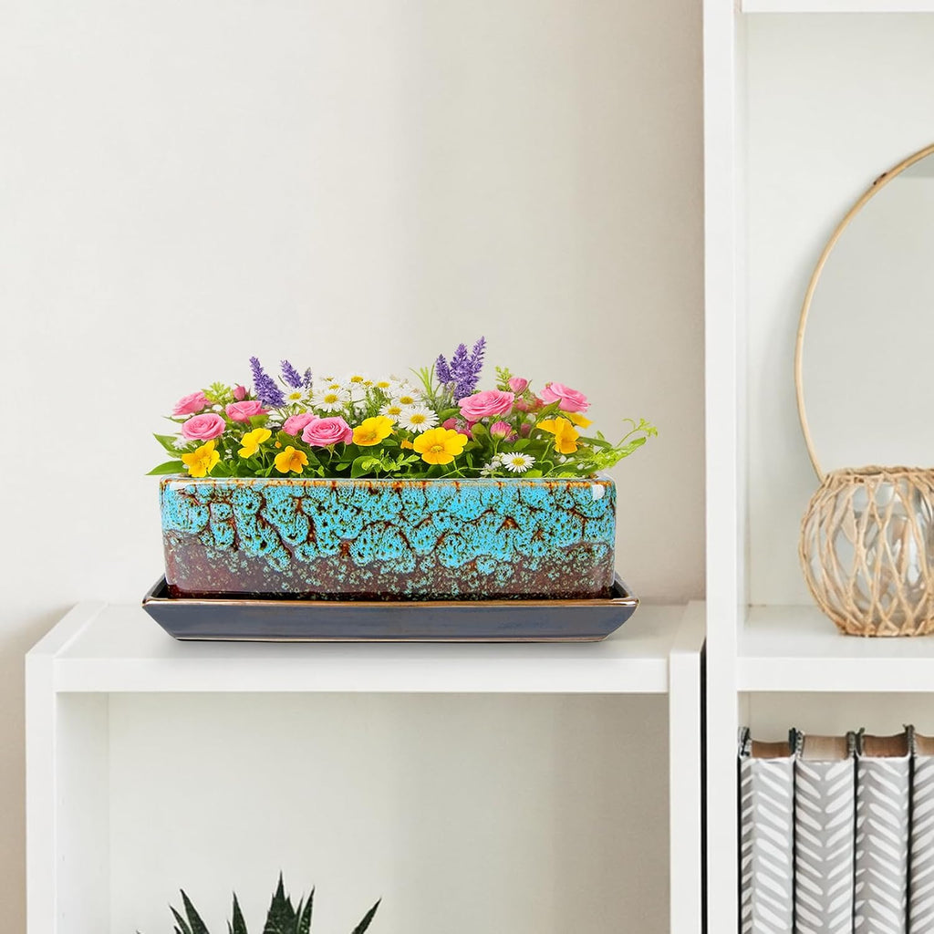 ARTKETTY Succulent Pots - Long Rectangle Succulent Planters with Drainage Tray, Window Sill Planter, Ceramic Pots for Indoor Cactus Plants Shallow Bonsai Window Box for Home Garden Decor