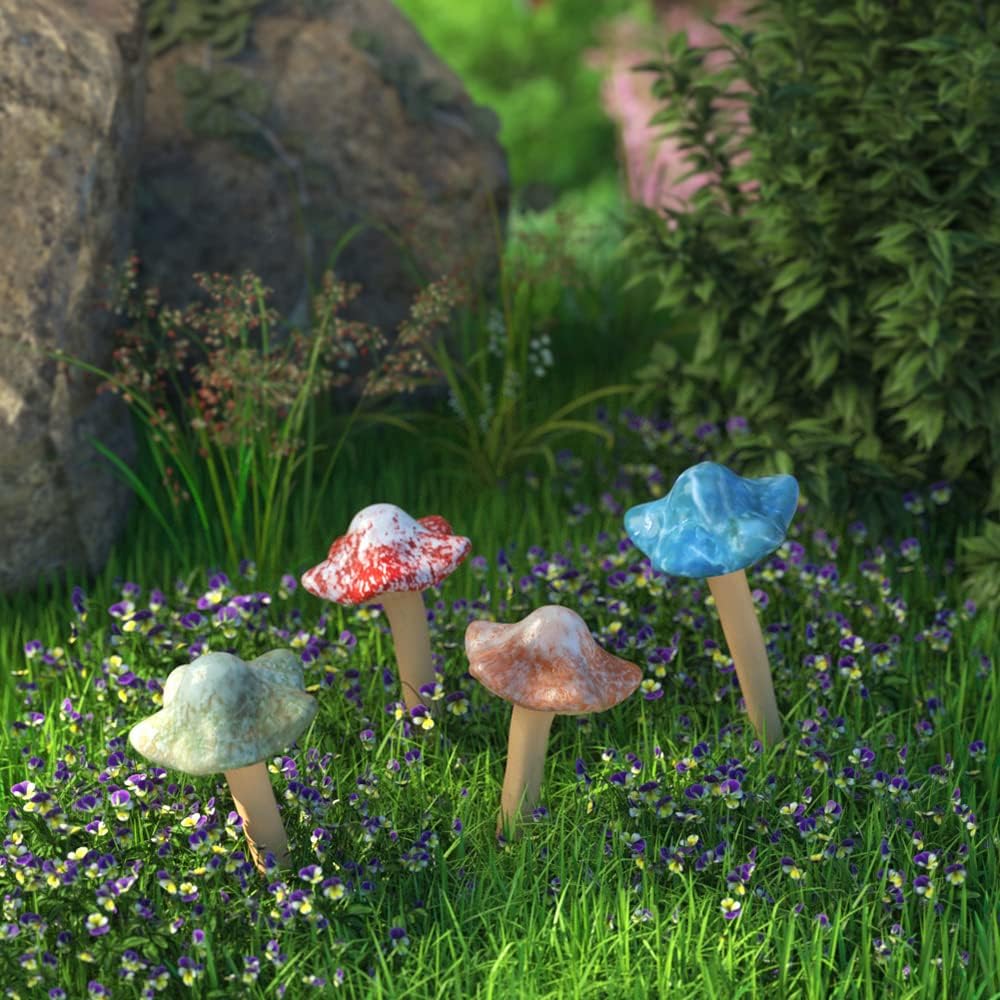 4Pcs Ceramic Mushroom Ornaments – Glazed Garden Stakes for Fairy Garden, Yard & Home Decor